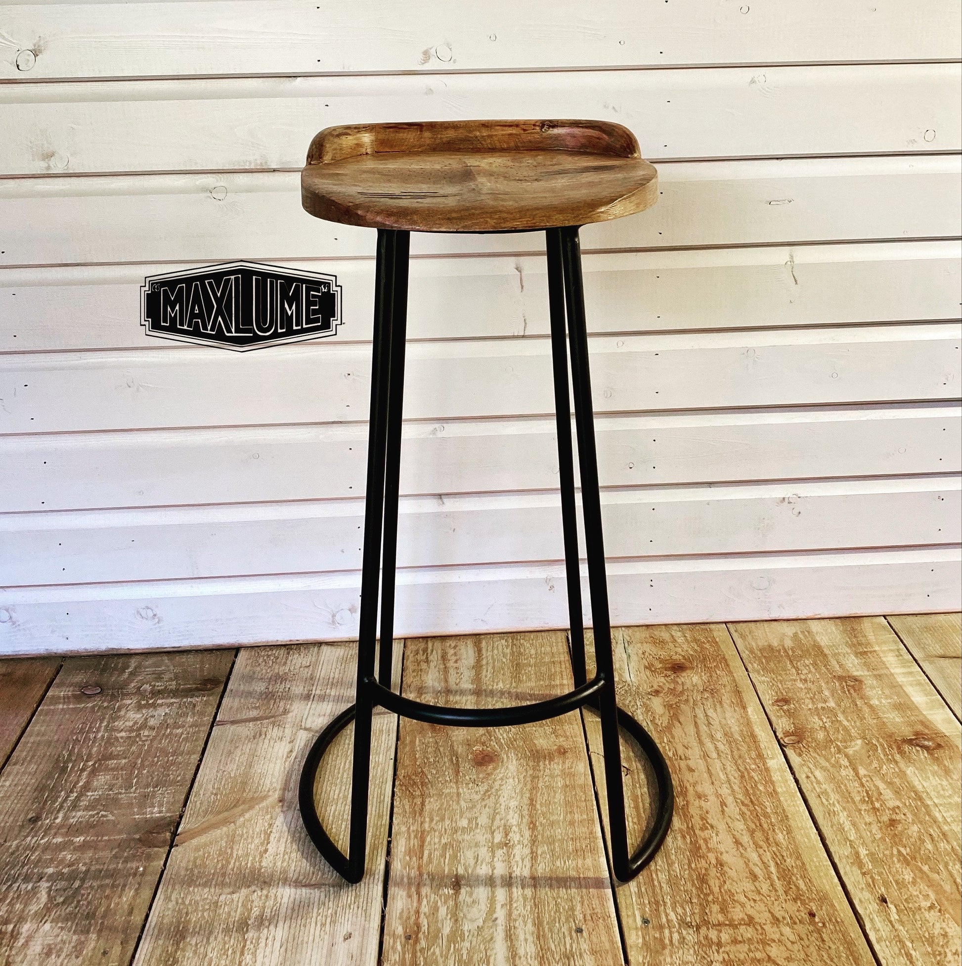 Solid Mango Wooden Top Bar Stool Kitchen Seat Black Iron