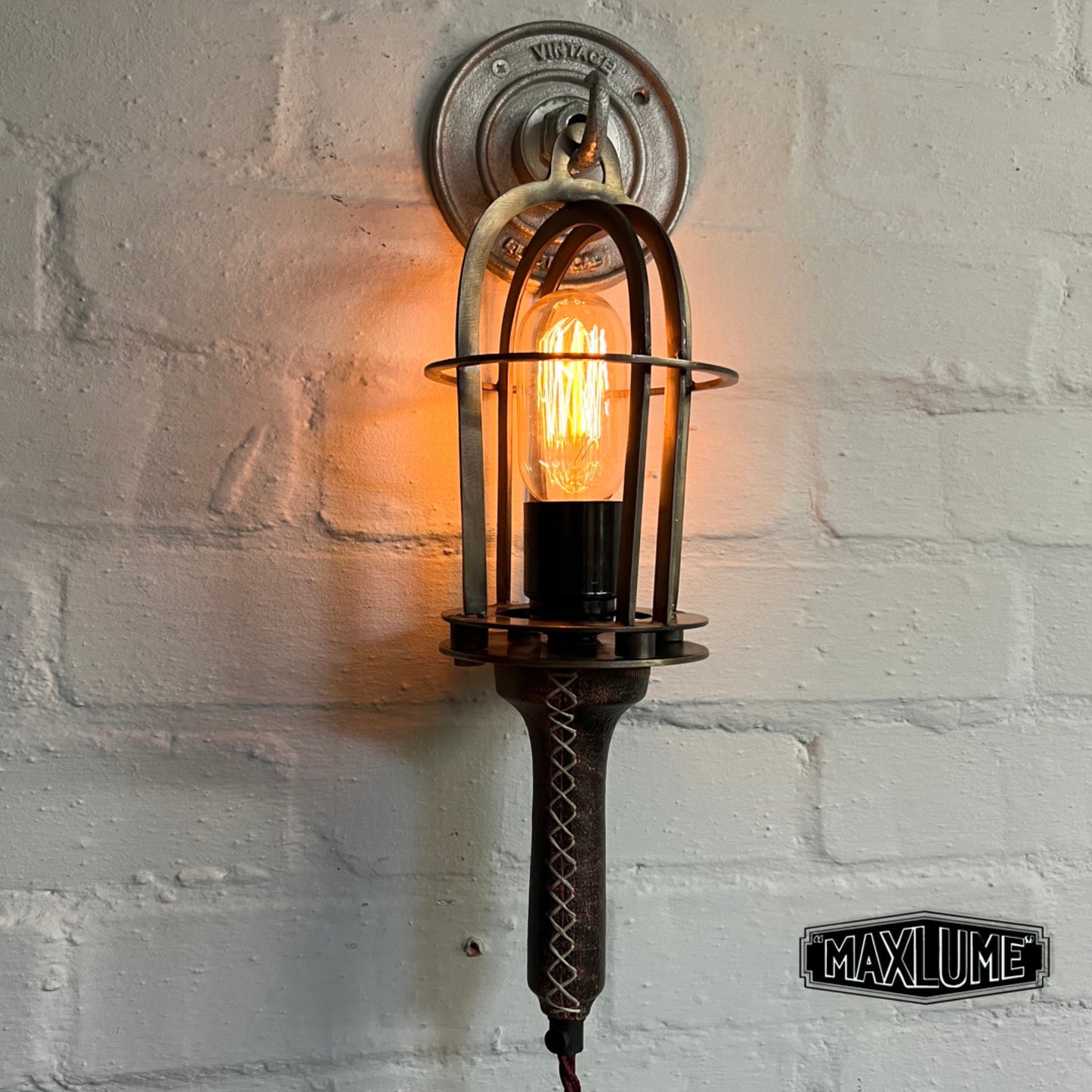 Solid Antique Brass Cage & Oxblood Leather Dimmable Bedside Table Lamp | Fabric Cable | Bedroom Light | Vintage Retro Edison Filament Bulb