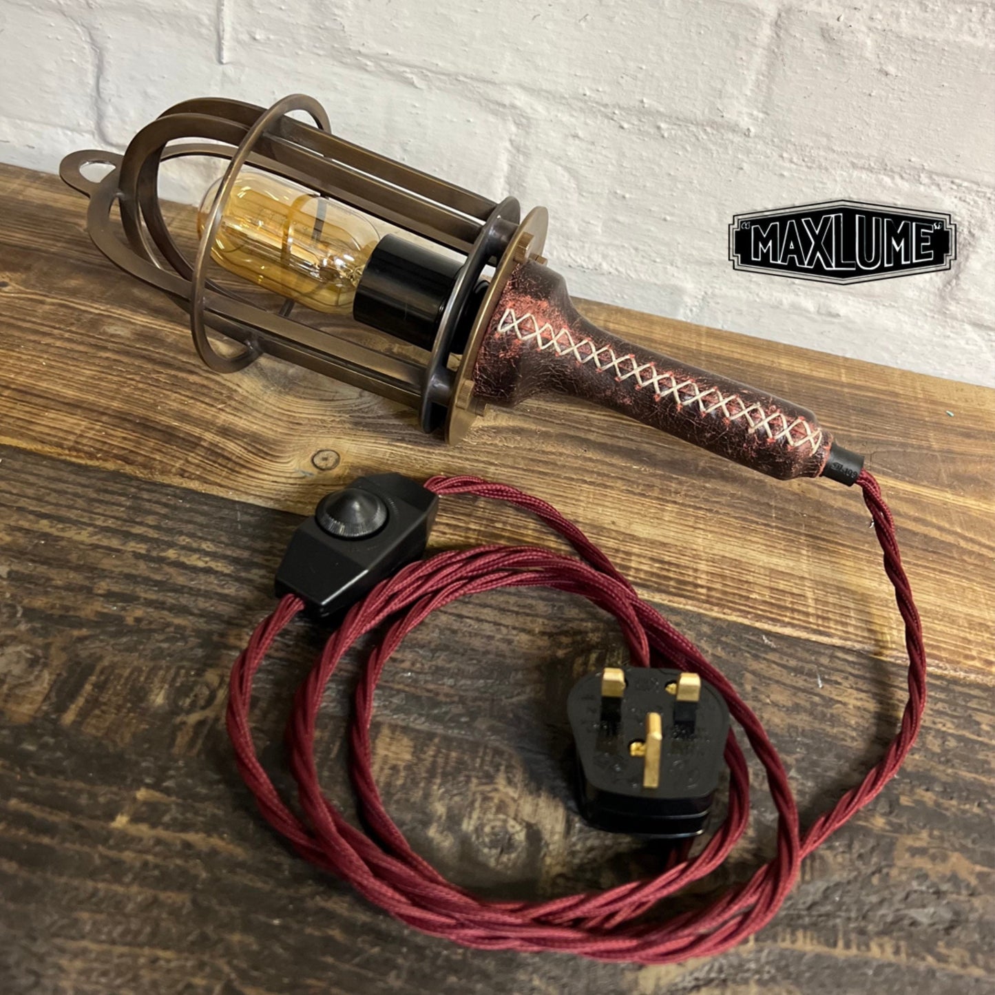 Solid Antique Brass Cage & Oxblood Leather Dimmable Bedside Table Lamp | Fabric Cable | Bedroom Light | Vintage Retro Edison Filament Bulb