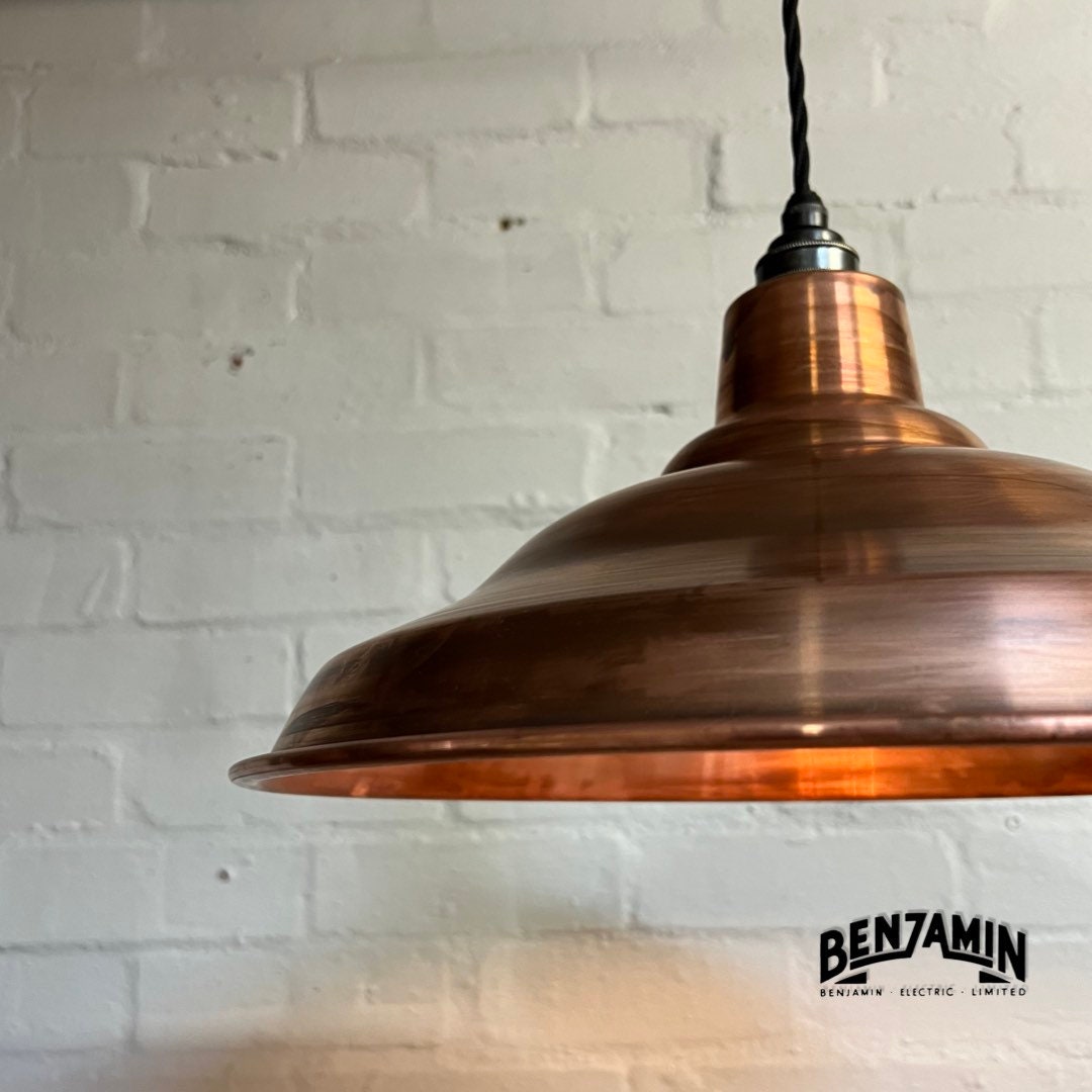 Bawsey ~ **Worn** Antique Copper Industrial factory shade light ceiling dining room kitchen table vintage filament lamps pendant 16 Inch