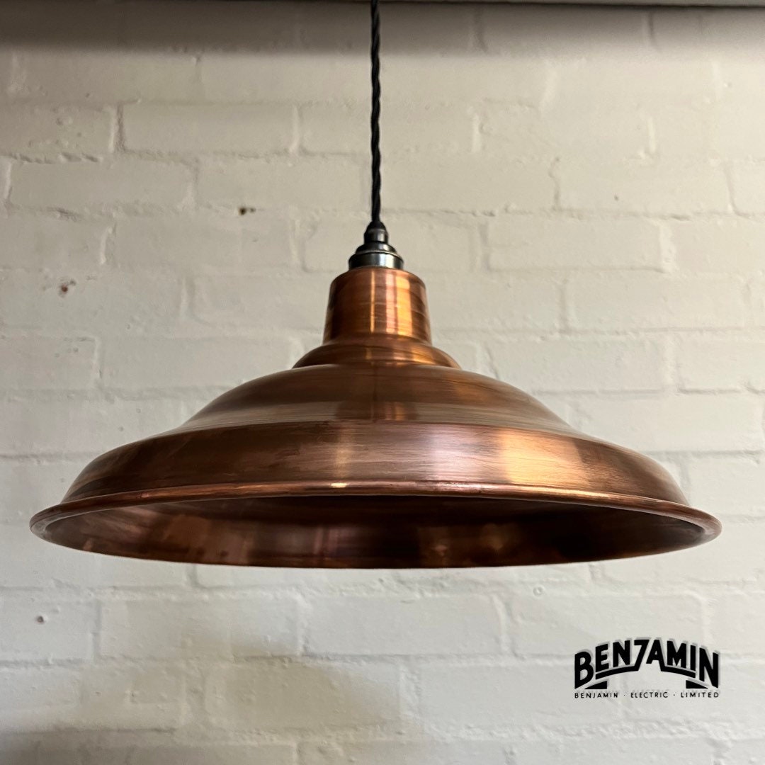 Bawsey ~ **Worn** Antique Copper Industrial factory shade light ceiling dining room kitchen table vintage filament lamps pendant 16 Inch