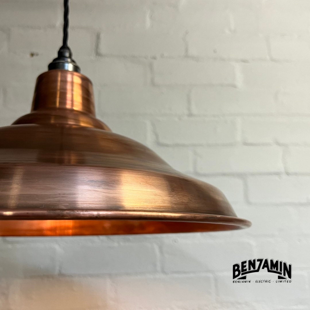 Bawsey ~ **Worn** Antique Copper Industrial factory shade light ceiling dining room kitchen table vintage filament lamps pendant 16 Inch