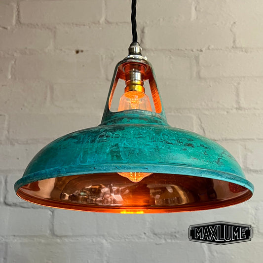 Cawston ~ Solid Copper Verdigris Patina Shade 1932 Design Pendant Set Light | Ceiling Dining Room Kitchen Table | Vintage | 11 Inch