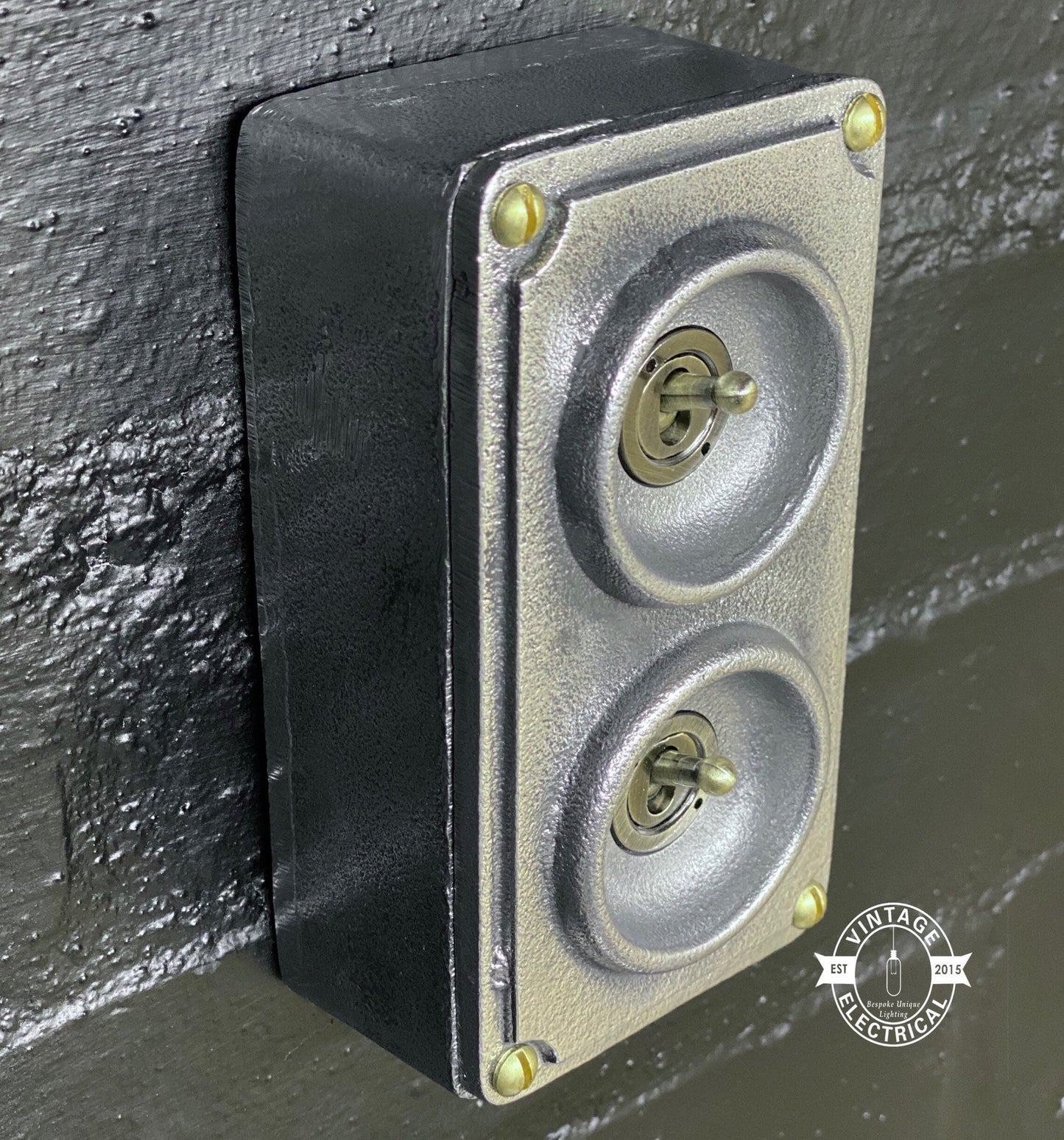 Double 2 Gang Solid Cast Metal Conduit Light Switch Industrial 2 Way - BS EN Vintage Crabtree