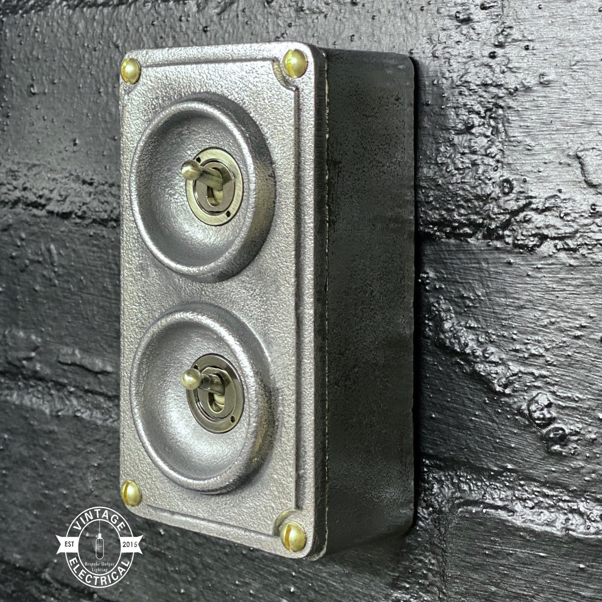 Double 2 Gang Solid Cast Metal Conduit Light Switch Industrial 2 Way - BS EN Vintage Crabtree