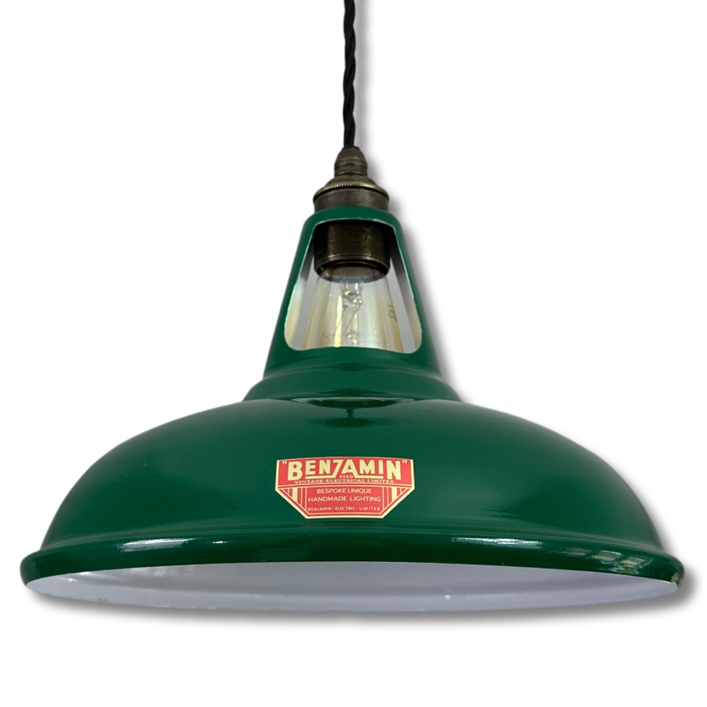 Cawston ~ *Worn* Racing Green Solid Shade Red Label Slotted Design Pendant Light ~ 11 Inch