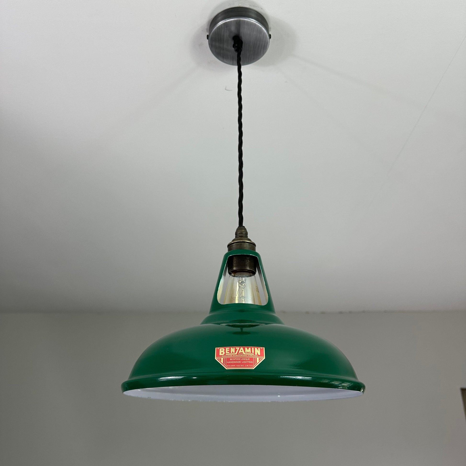 Cawston ~ *Worn* Racing Green Solid Shade Red Label Slotted Design Pendant Light ~ 11 Inch