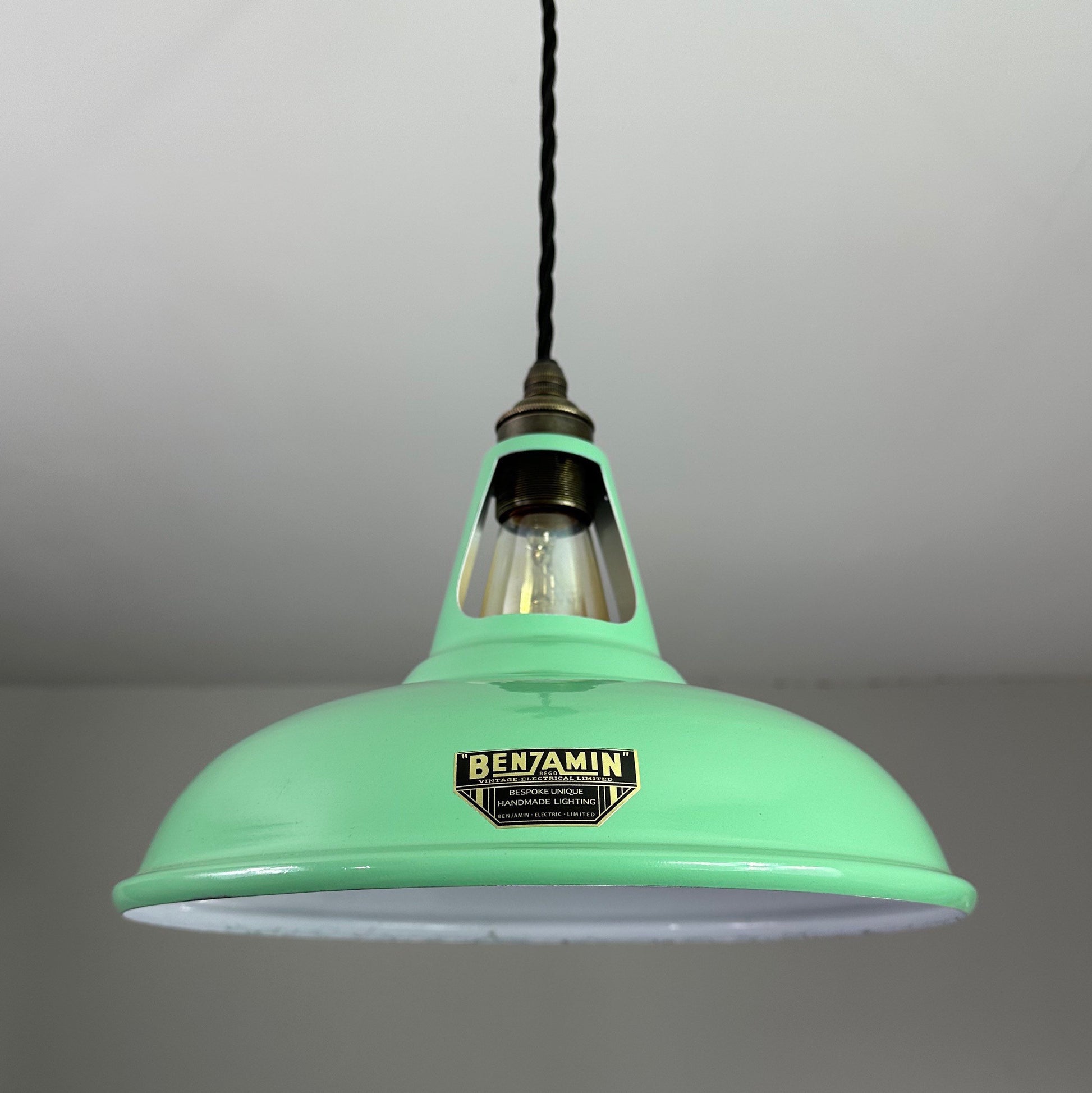 Cawston ~ *Worn* Fresh Green Solid Shade Slotted Design Pendant Set Light ~ 11 Inch