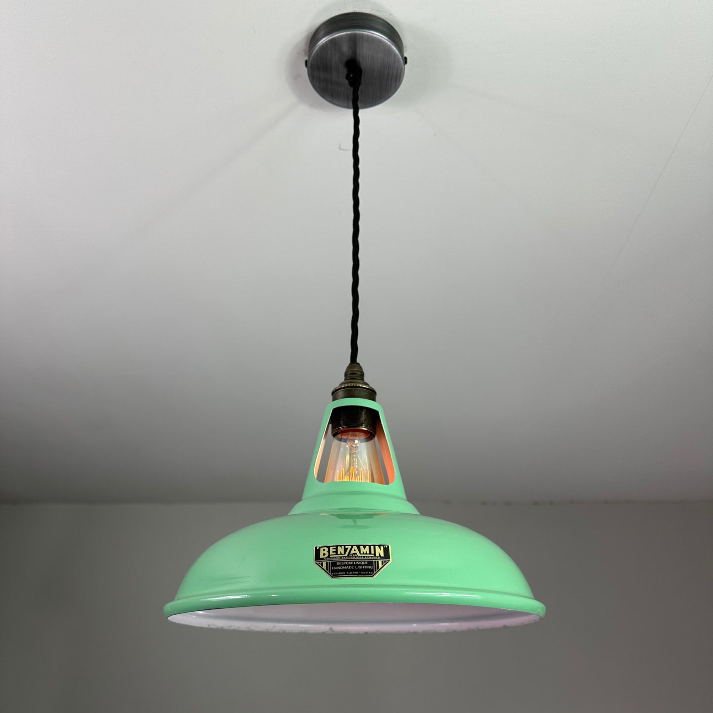 Cawston ~ *Worn* Fresh Green Solid Shade Slotted Design Pendant Set Light ~ 11 Inch