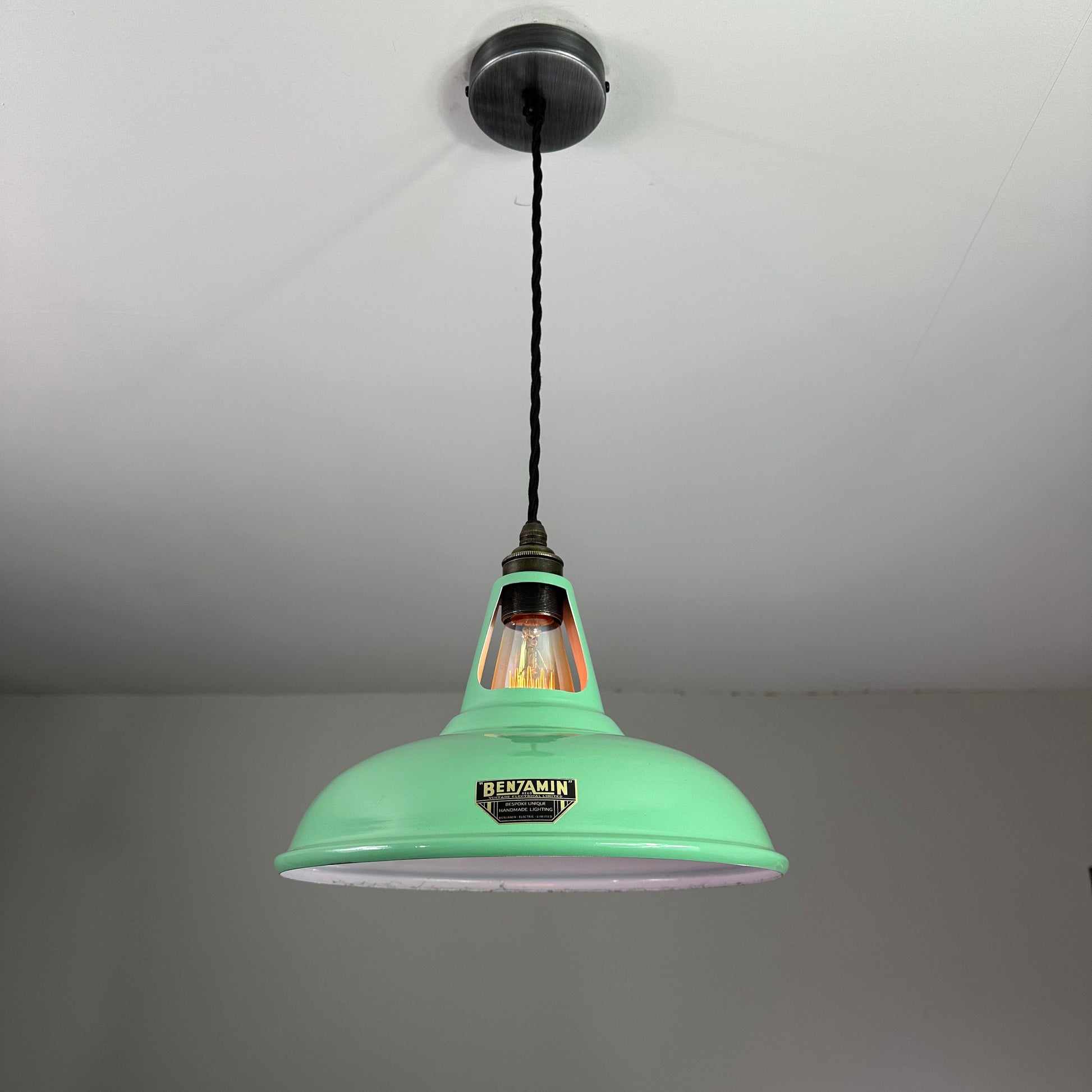 Cawston ~ *Worn* Fresh Green Solid Shade Slotted Design Pendant Set Light ~ 11 Inch