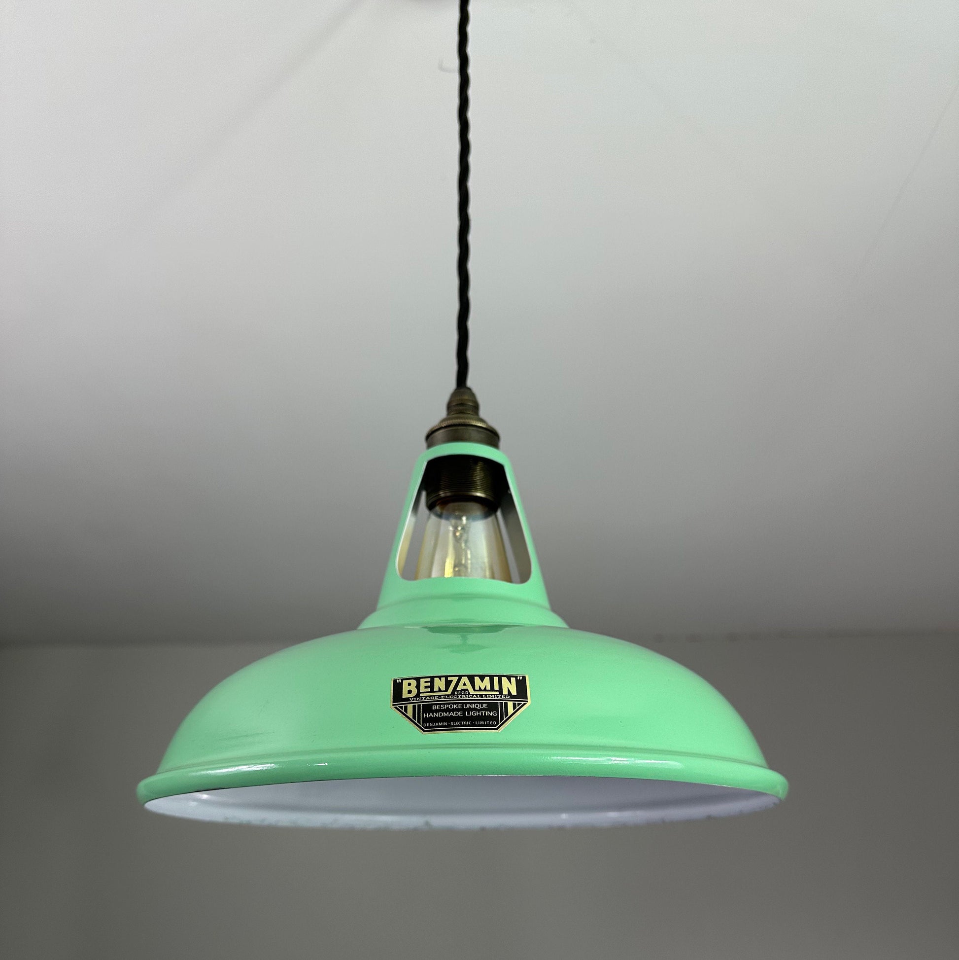 Cawston ~ *Worn* Fresh Green Solid Shade Slotted Design Pendant Set Light ~ 11 Inch