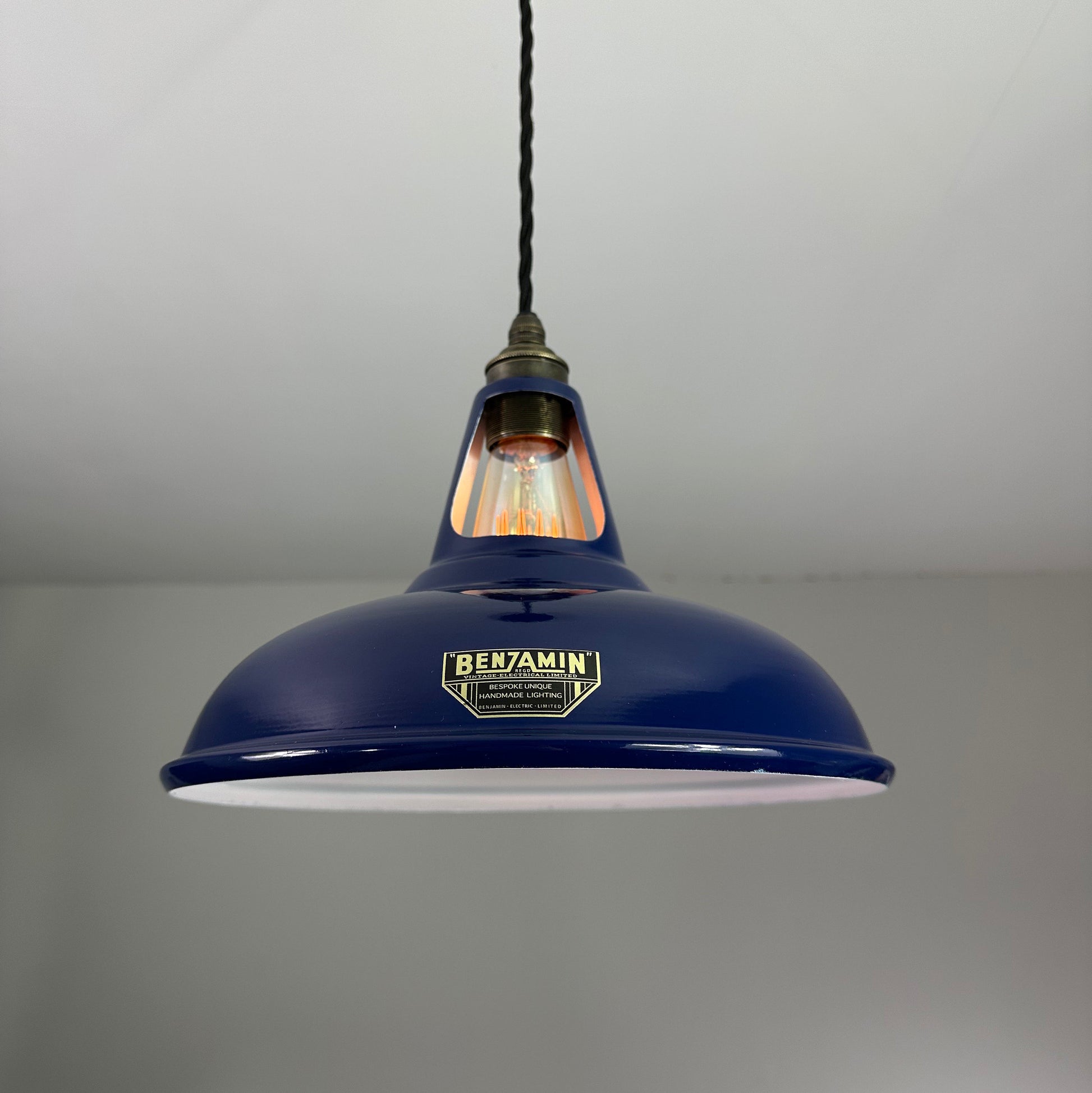 Cawston ~ *Worn* Blue Solid Shade Slotted Design Pendant Set Light | Ceiling Dining Room | Kitchen Table | Vintage Bulb