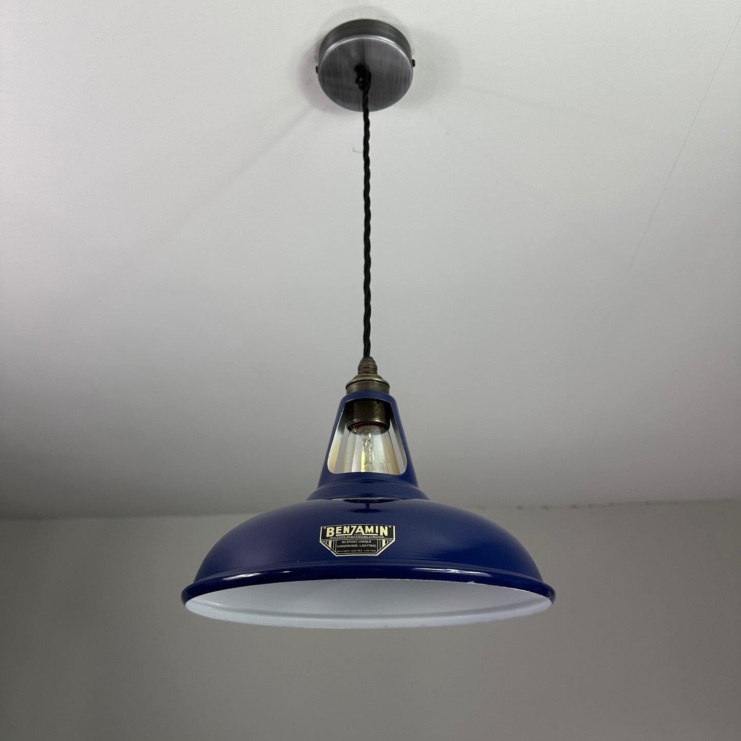 Cawston ~ *Worn* Blue Solid Shade Slotted Design Pendant Set Light | Ceiling Dining Room | Kitchen Table | Vintage Bulb