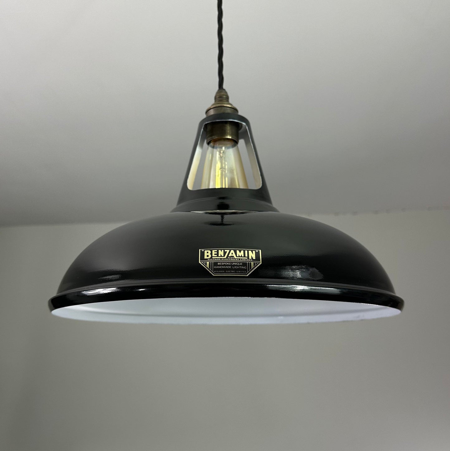 Cawston XL ~ **Worn** Midnight Black Solid Shade Slotted Design Pendant Set Light ~ 14 Inch