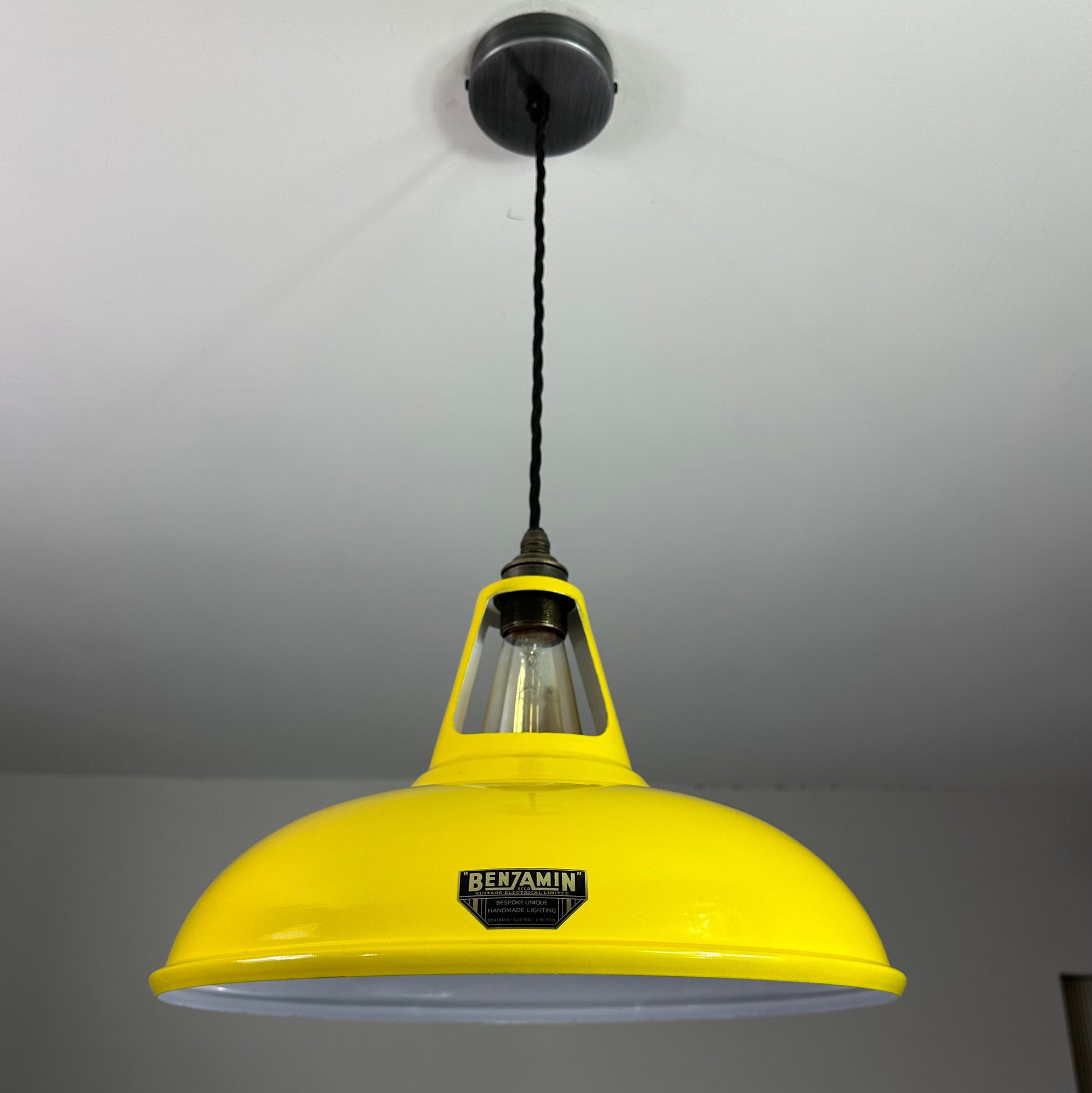 Cawston XL ~ *Worn* Yellow Solid Shade Slotted Design Pendant Set Light | Ceiling Dining Room | Kitchen Table | Vintage Filament Bulb 14 Inch