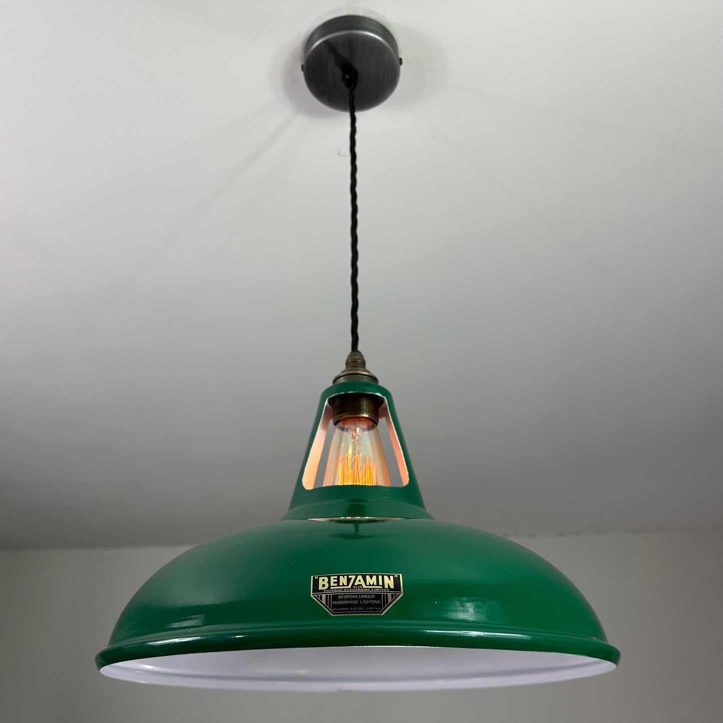 Cawston XL ~ **Worn** Racing Green Solid Shade Slot Design Pendant Set Light ~ 14 Inch