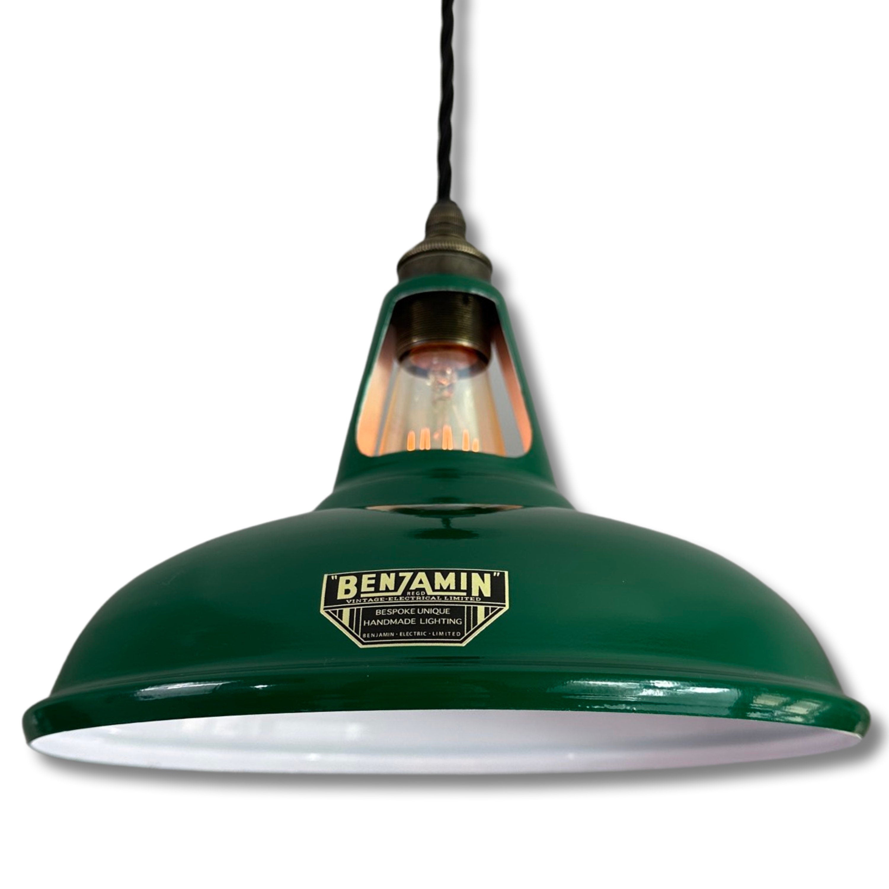 Vintage French Green White Enamel Industrial store Commercial Small Hanging Lamp Light Shade Lampshade circa 1950-60's / EVE of England