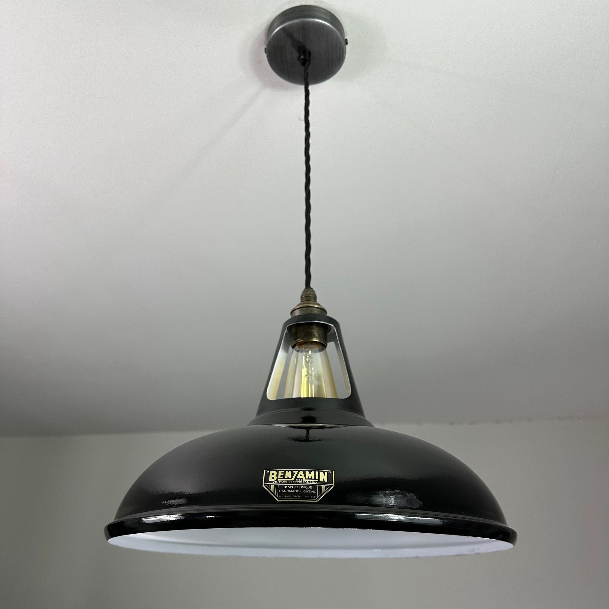 Cawston XL ~ **Worn** Midnight Black Solid Shade Slotted Design Pendant Set Light ~ 14 Inch