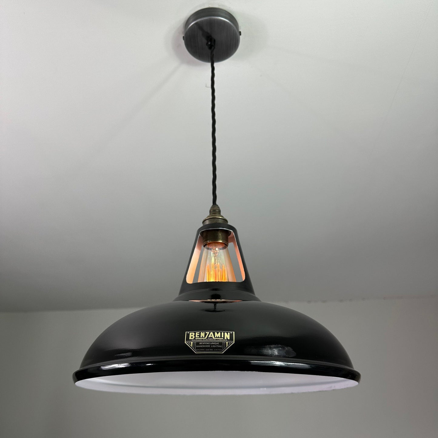 Cawston XL ~ **Worn** Midnight Black Solid Shade Slotted Design Pendant Set Light ~ 14 Inch