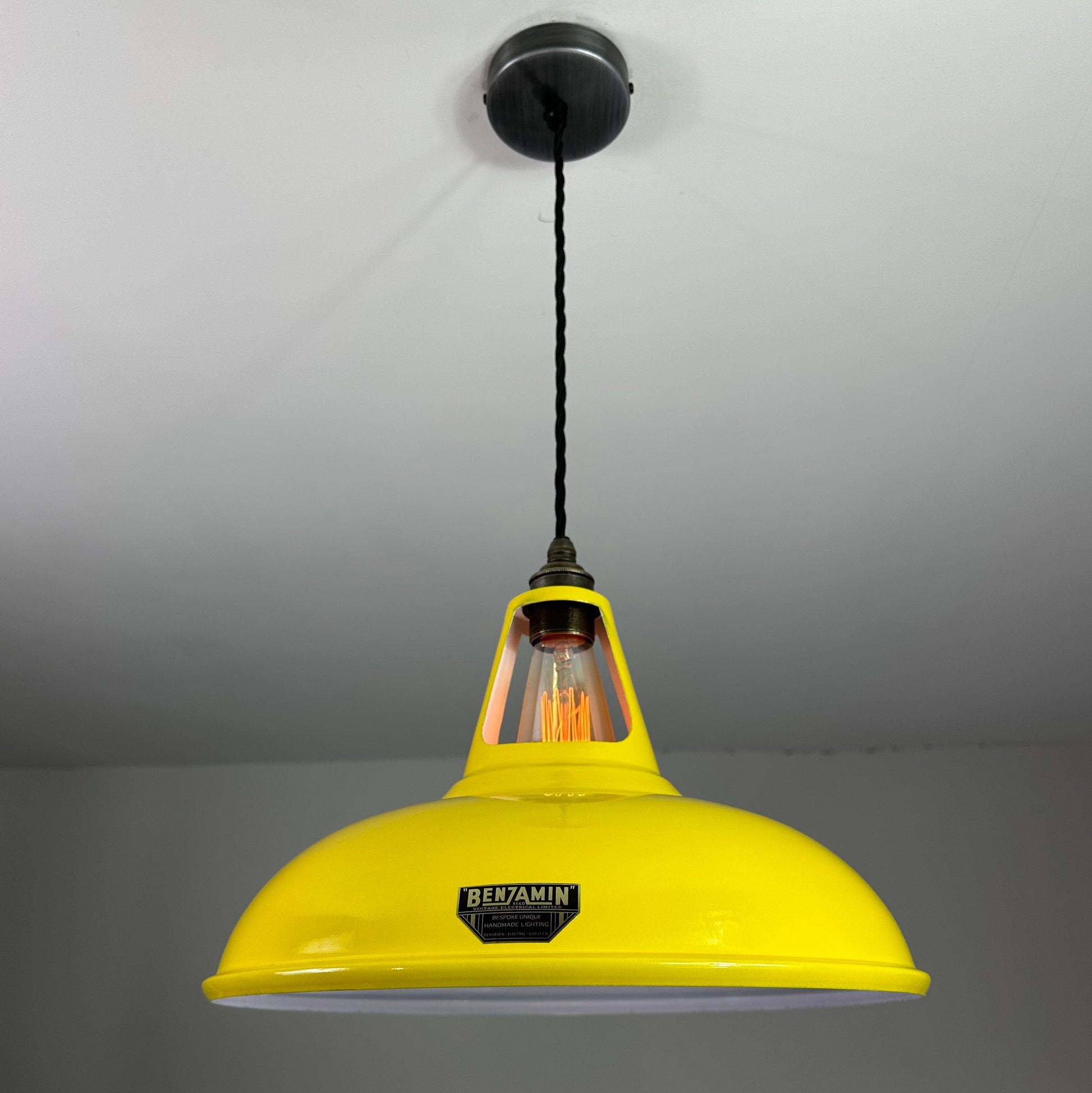 Cawston XL ~ *Worn* Yellow Solid Shade Slotted Design Pendant Set Light | Ceiling Dining Room | Kitchen Table | Vintage Filament Bulb 14 Inch