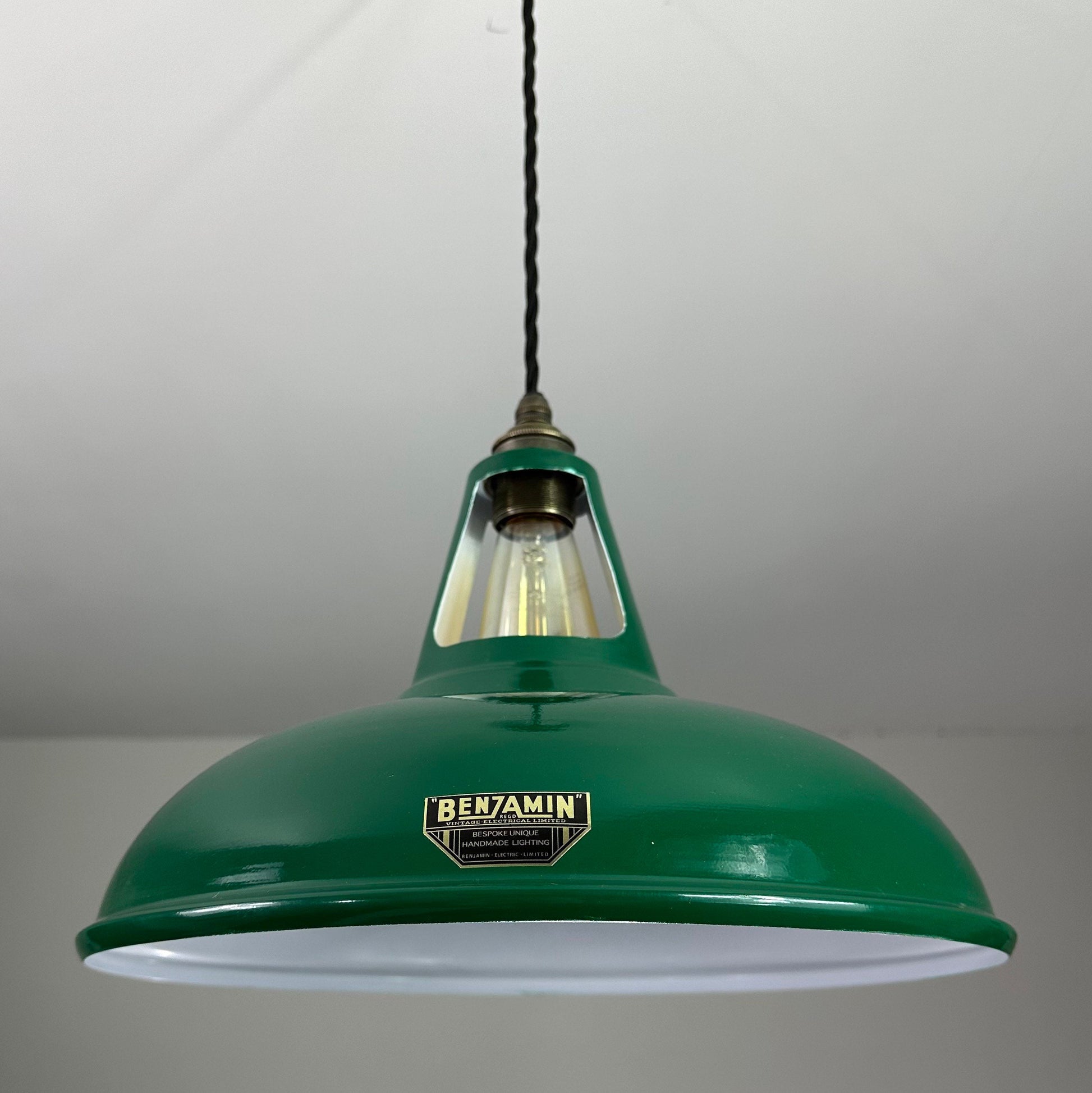 Cawston XL ~ **Worn** Racing Green Solid Shade Slot Design Pendant Set Light ~ 14 Inch