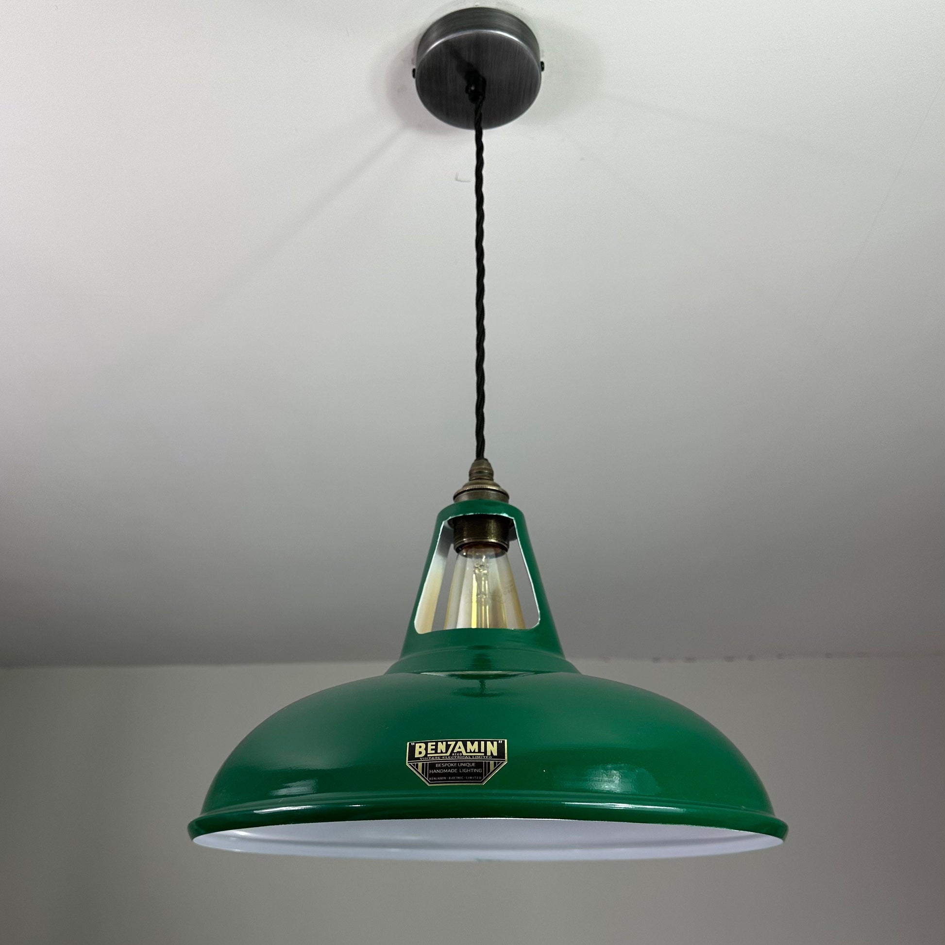 Cawston XL ~ **Worn** Racing Green Solid Shade Slot Design Pendant Set Light ~ 14 Inch