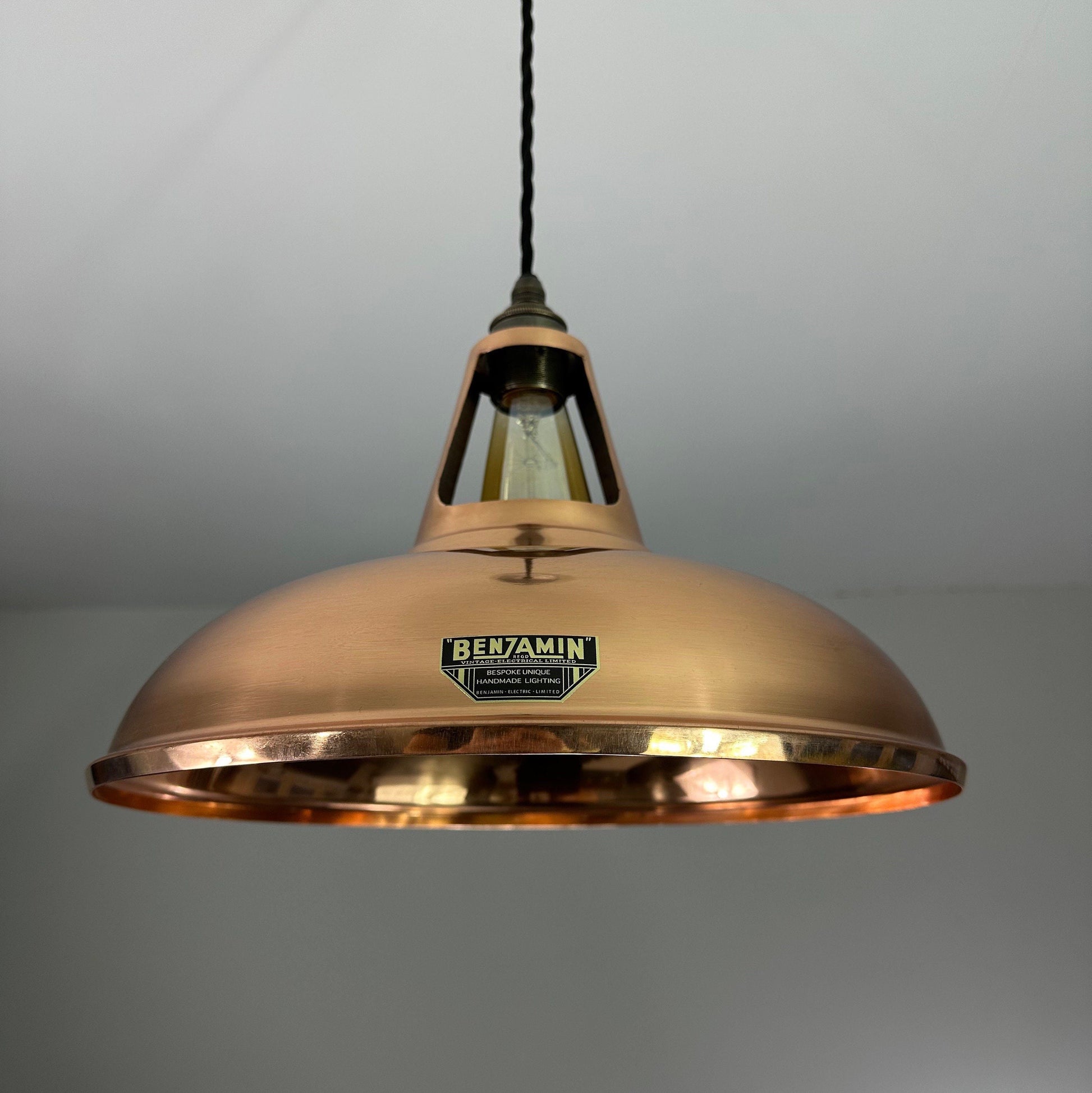 Cawston XL ~ *Worn* Solid Copper Supersized Shade Slotted Design Pendant Set Light ~ 14 Inch