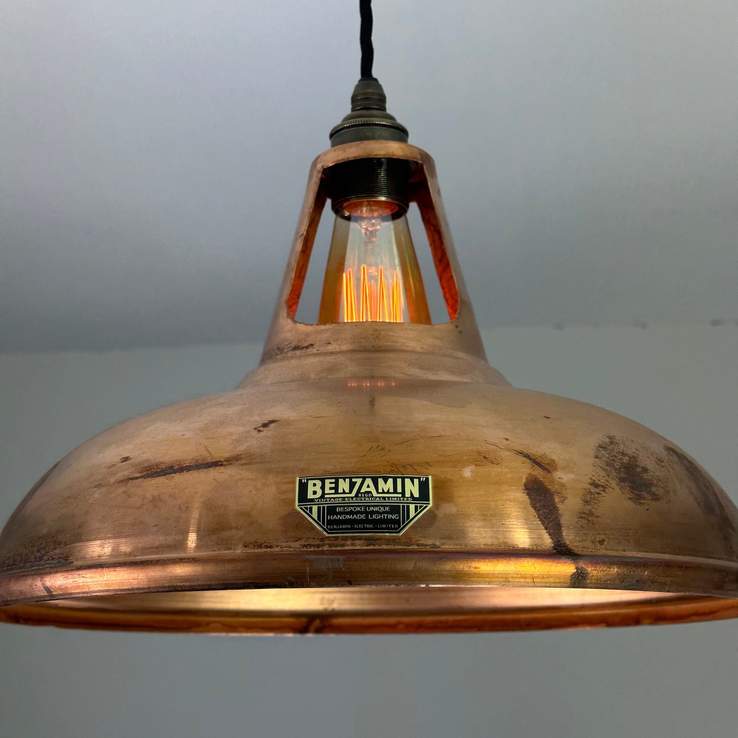 Cawston XL ~ **Worn** Antique Copper Shade 1933 Design Pendant Set Light | Ceiling Dining Room | Kitchen Table | 14 Inch