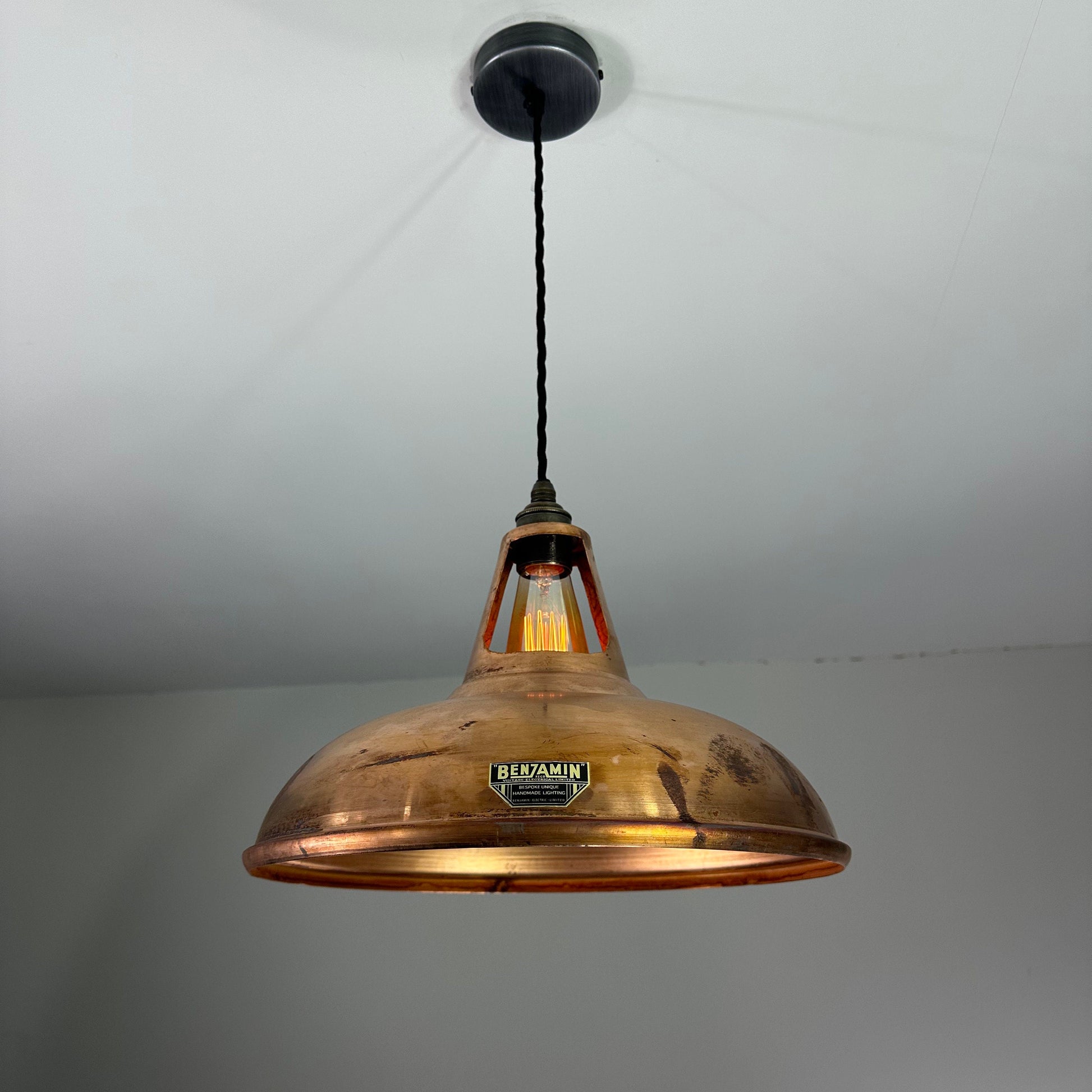 Cawston XL ~ **Worn** Antique Copper Shade 1933 Design Pendant Set Light | Ceiling Dining Room | Kitchen Table | 14 Inch