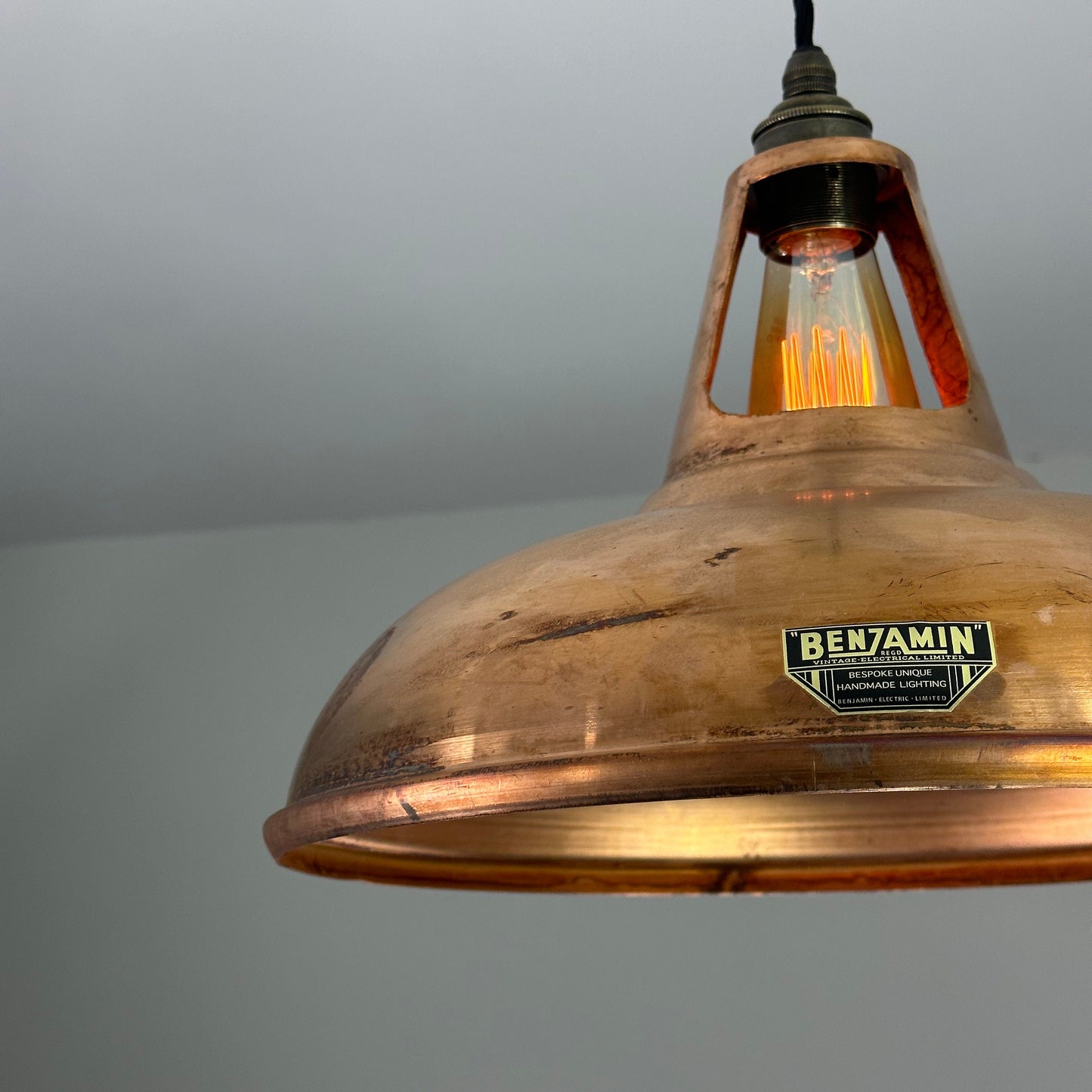 Cawston XL ~ **Worn** Antique Copper Shade 1933 Design Pendant Set Light | Ceiling Dining Room | Kitchen Table | 14 Inch