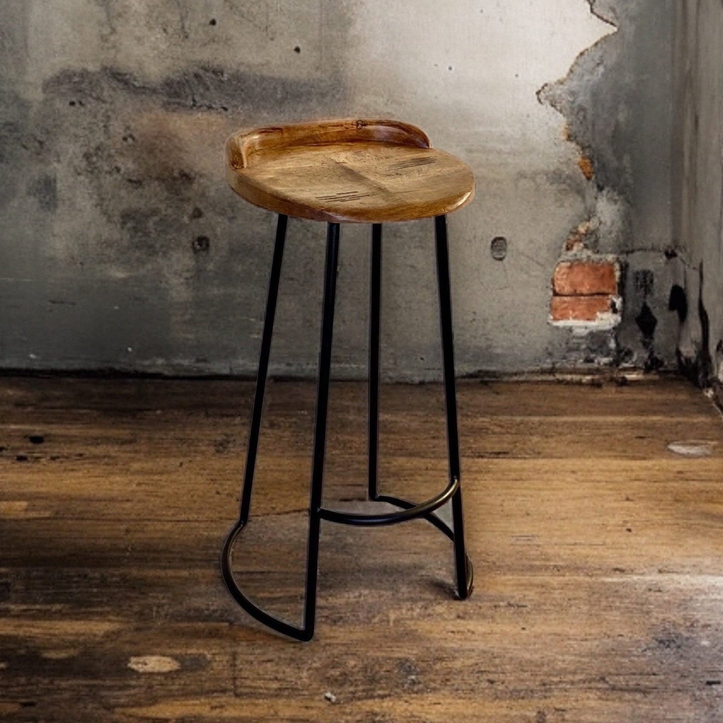 Solid Mango Wooden Top Bar Stool Kitchen Seat Black Iron