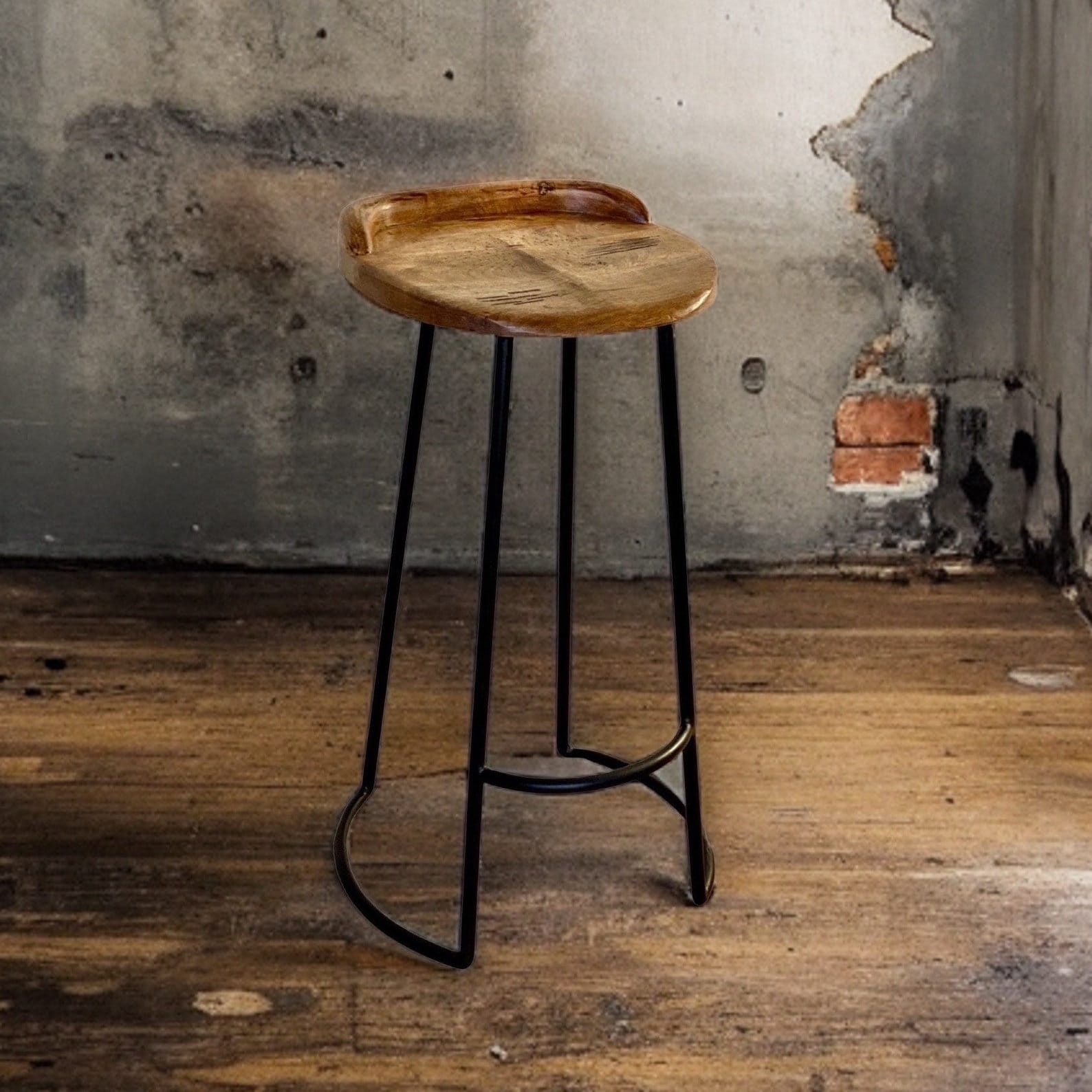 Solid Mango Wooden Top Bar Stool Kitchen Seat Black Iron