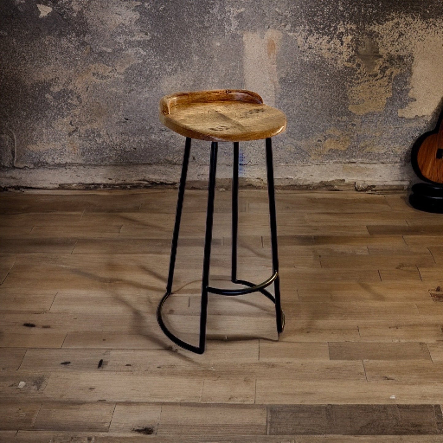 Solid Mango Wooden Top Bar Stool Kitchen Seat Black Iron