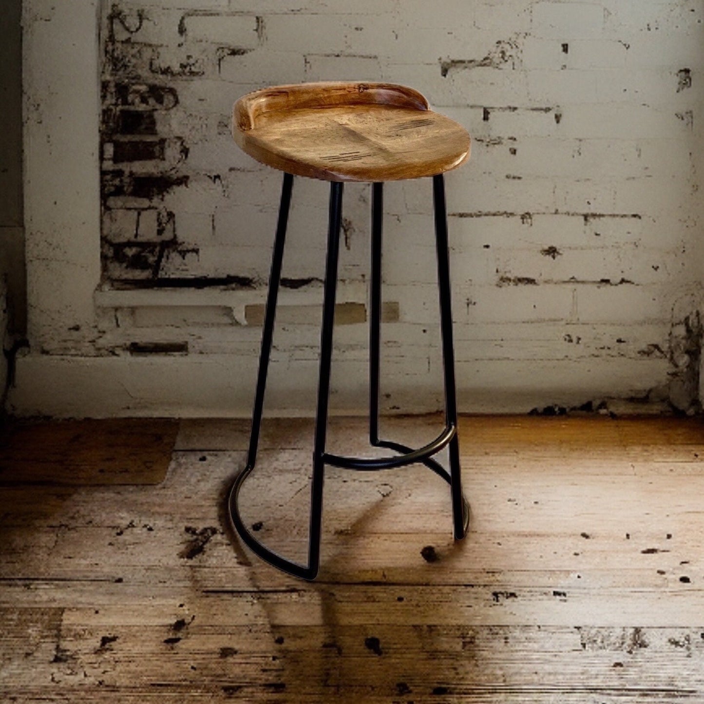 Solid Mango Wooden Top Bar Stool Kitchen Seat Black Iron