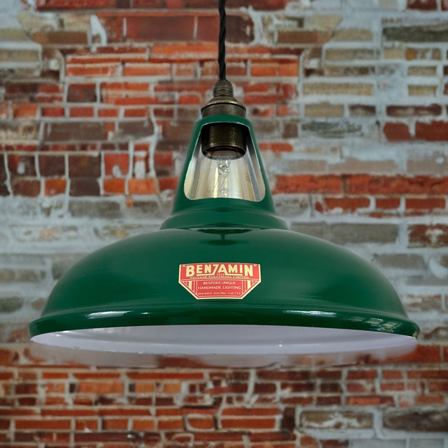 Cawston ~ *Worn* Racing Green Solid Shade Red Label Slotted Design Pendant Light ~ 11 Inch