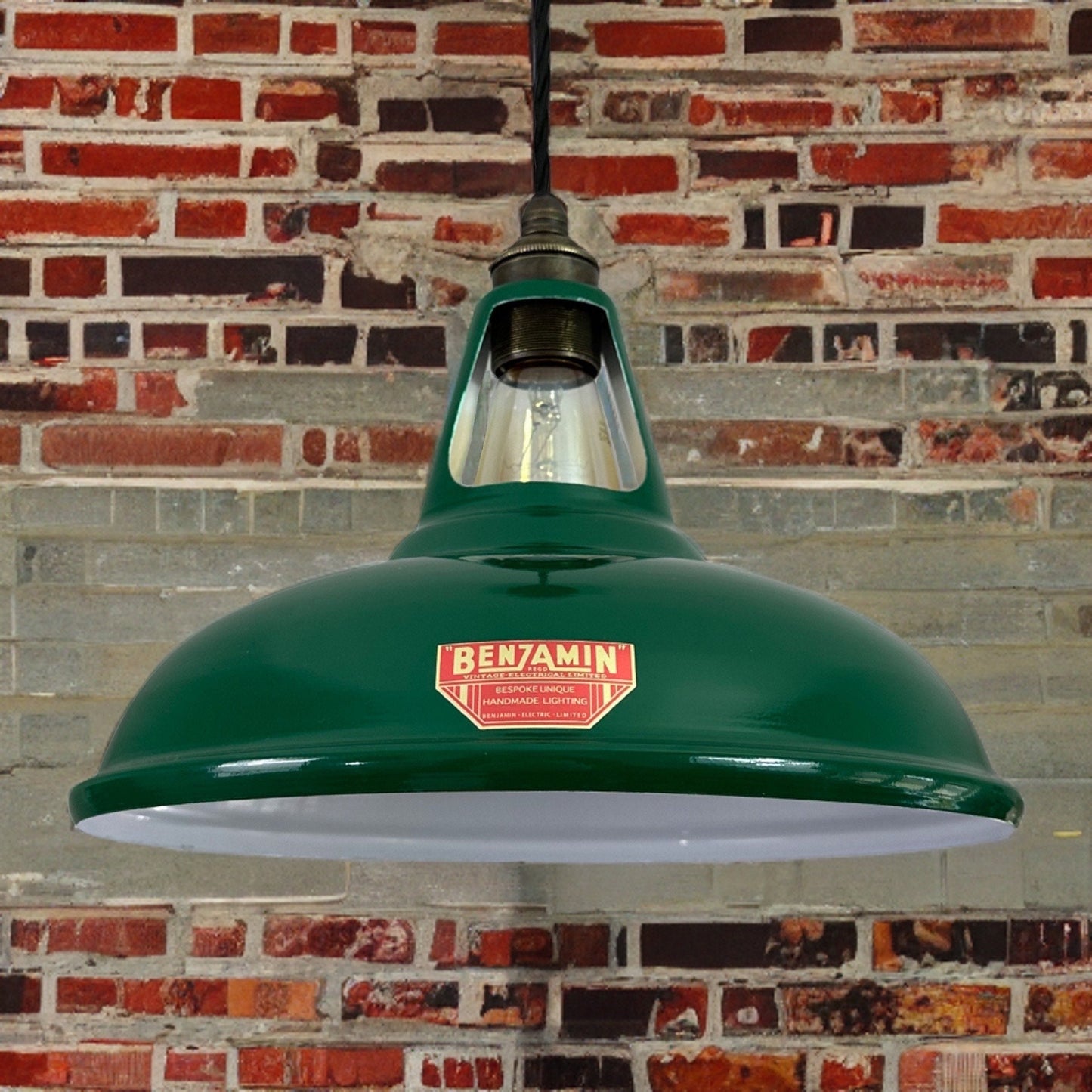 Cawston ~ *Worn* Racing Green Solid Shade Red Label Slotted Design Pendant Light ~ 11 Inch