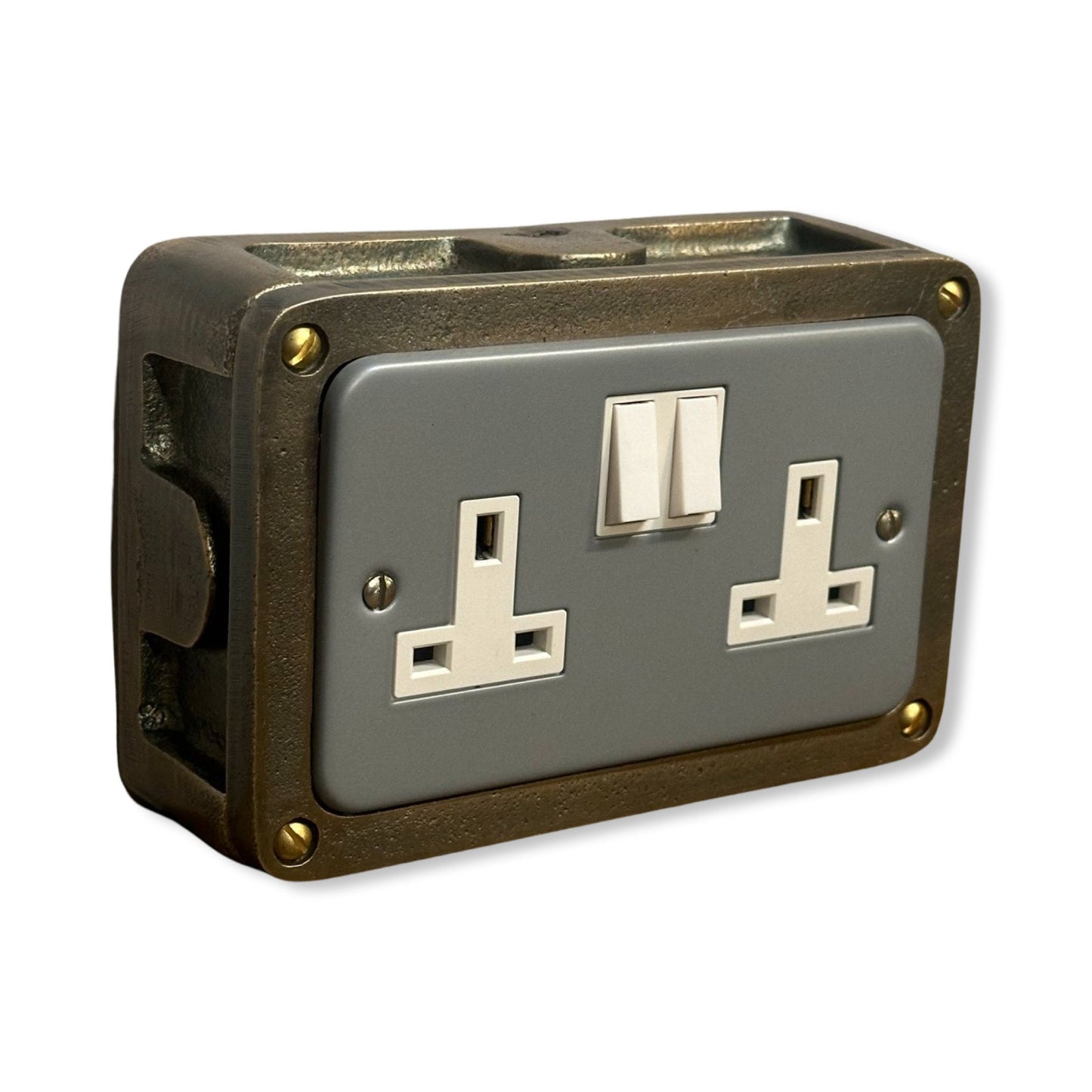 Grey Metal Clad Double Switched 13A Power Socket 230V 2 Gang 2G Socket Antique Brass Conduit Switch Industrial