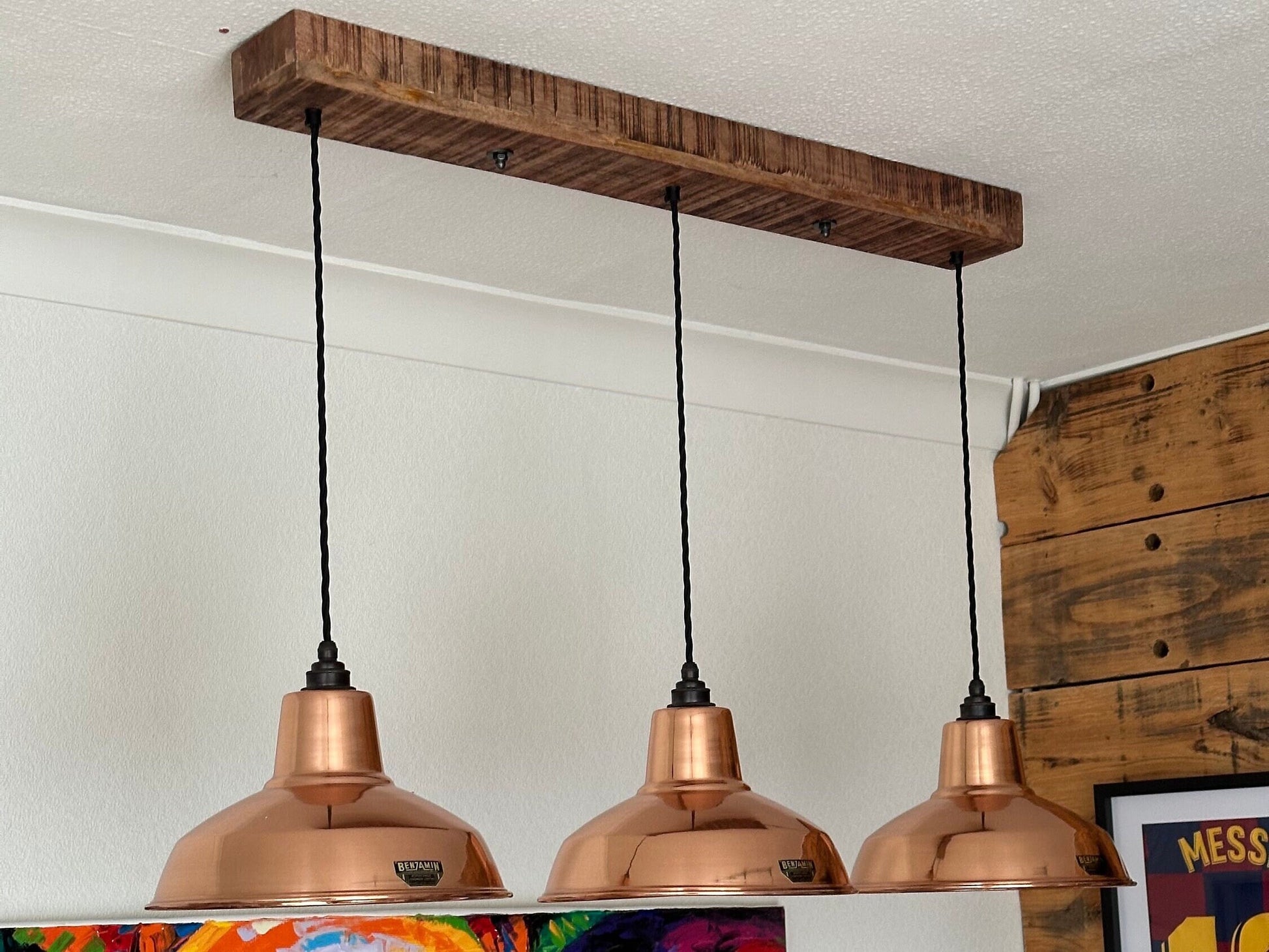 Filby ~ 3 x Solid Copper Lampshade Pendant Set Wooden Track Tabke Light