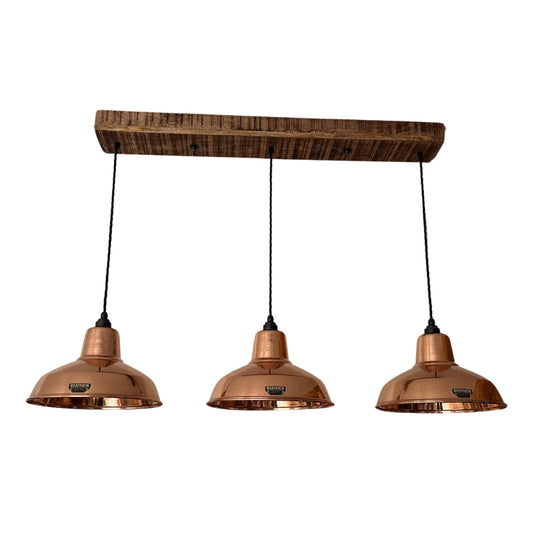 Filby ~ 3 x Solid Copper Lampshade Pendant Set Wooden Track Tabke Light
