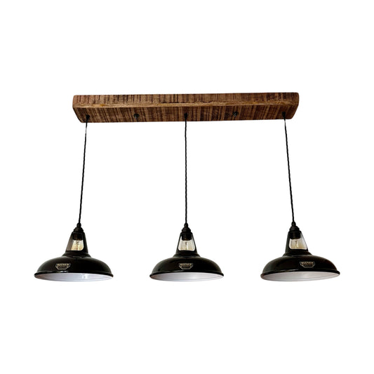 Cawston ~ 3 x Black Lampshade Pendant Set Wooden Track Light | Dining Room | Kitchen Table