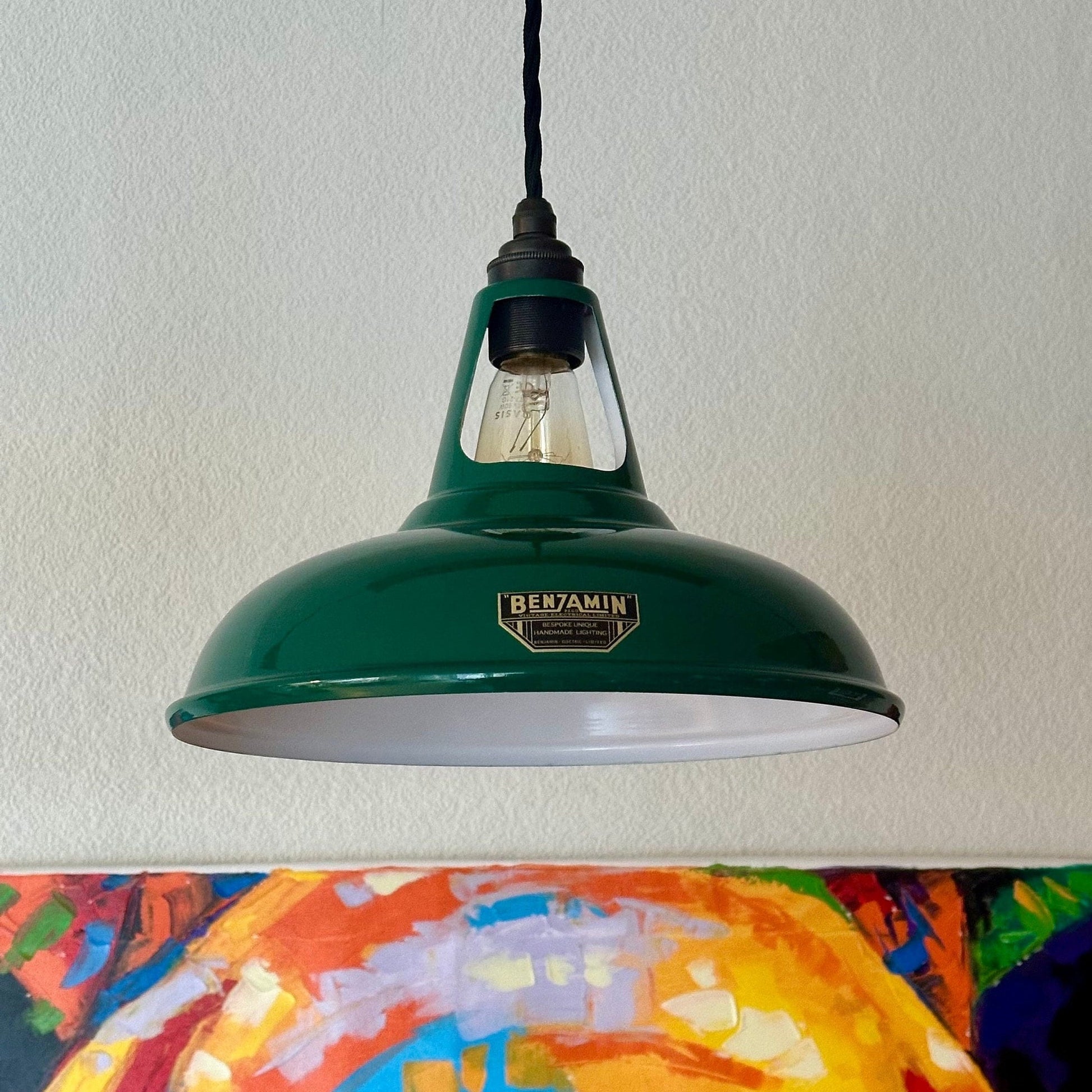 Cawston ~ 3 x Original Green Lampshade Pendant Set Wooden Track Light | Dining Room | Kitchen Table