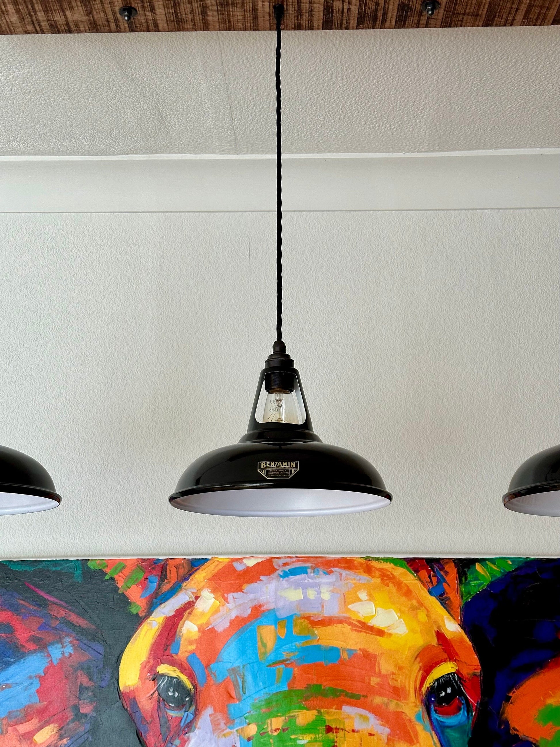 Cawston ~ 3 x Black Lampshade Pendant Set Wooden Track Light | Dining Room | Kitchen Table