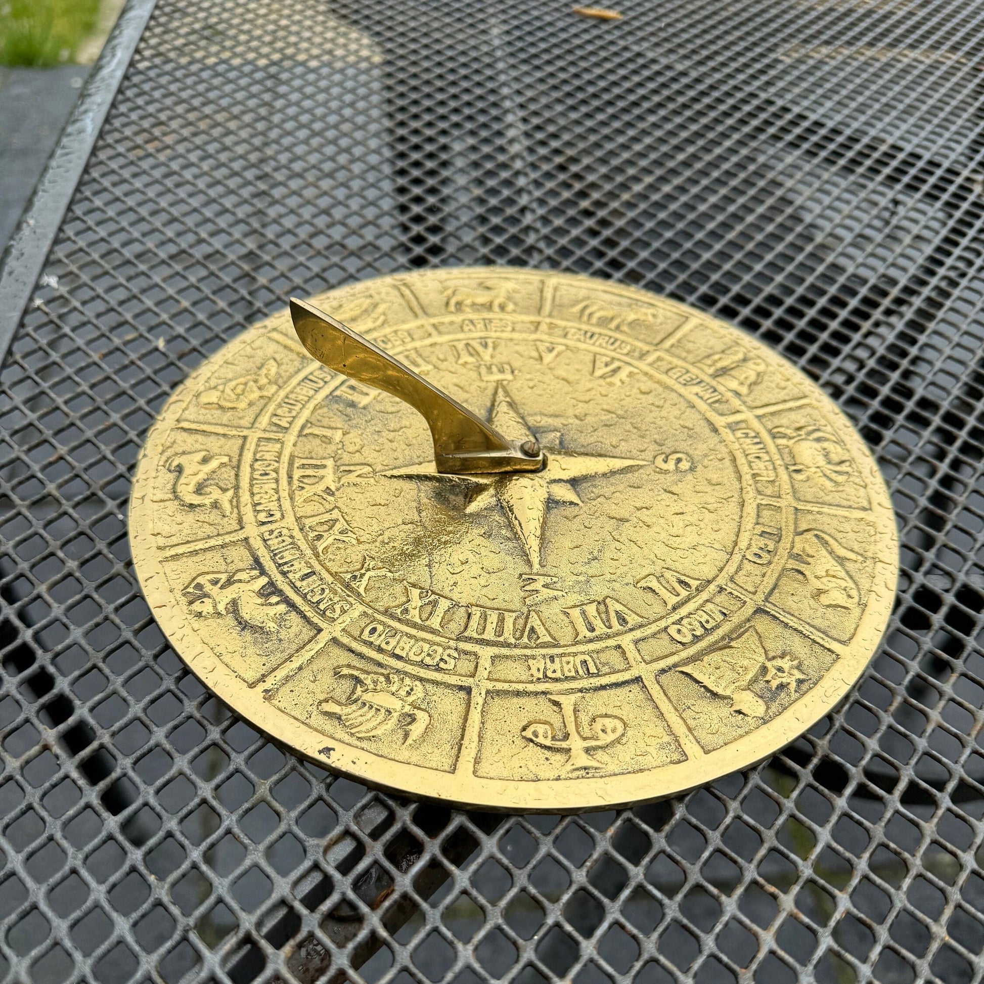 Zodiac Solid Brass and Verdigris Patina Bronze Sculpture Sun Dial Watch Clock