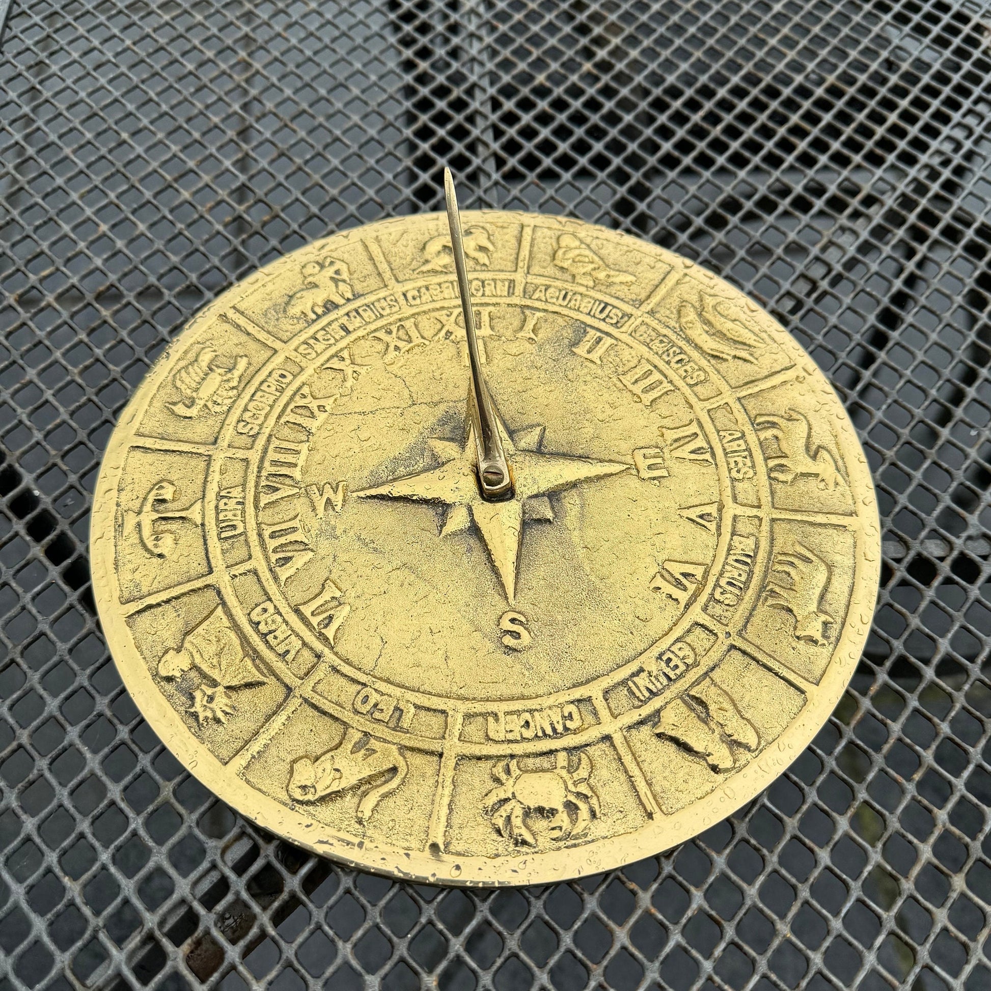 Zodiac Solid Brass and Verdigris Patina Bronze Sculpture Sun Dial Watch Clock