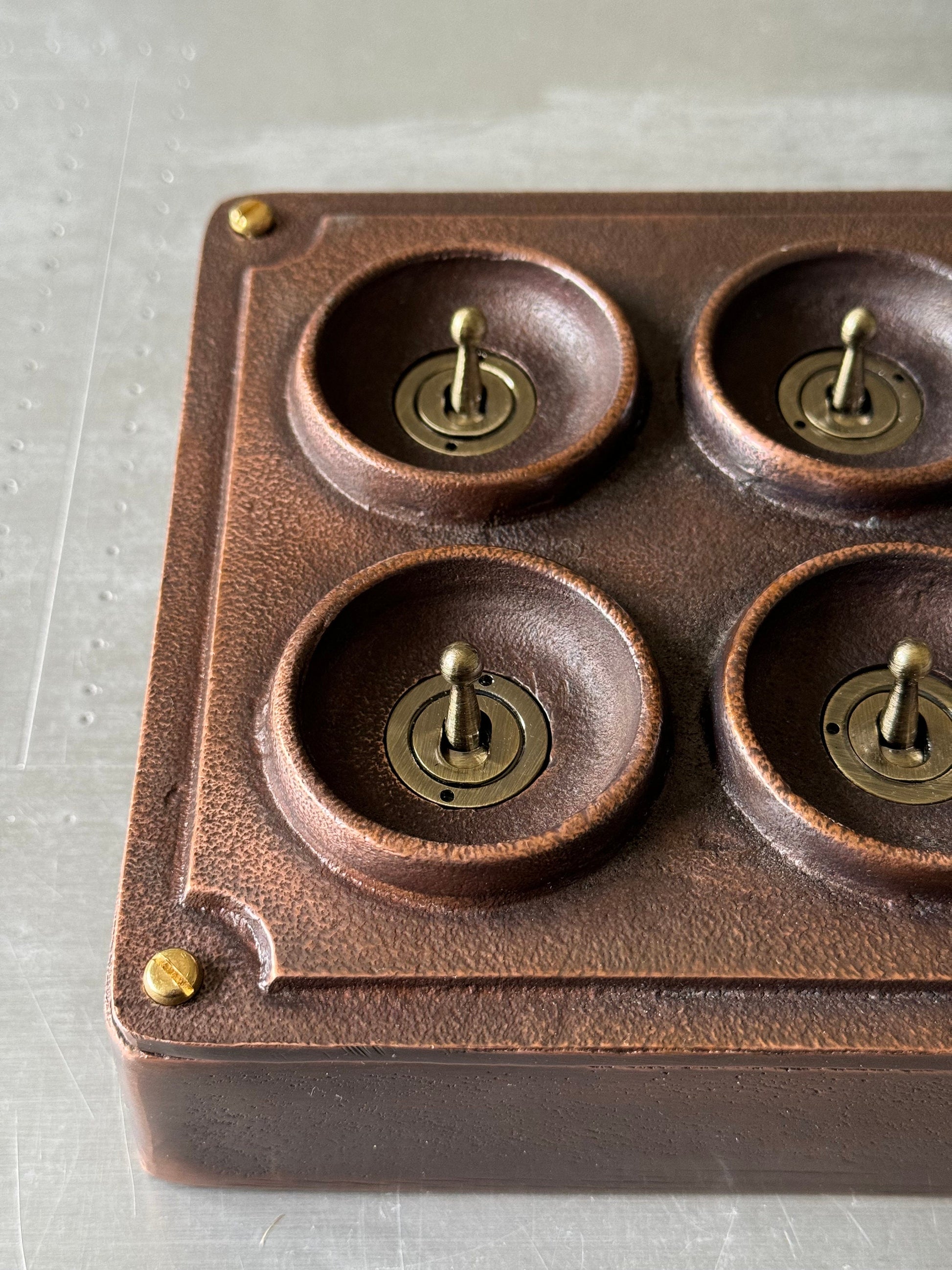 6 Gang 2 Way Antique Copper Solid Cast Metal Conduit Light Switch Industrial - BS EN Vintage Crabtree 1950’s Style