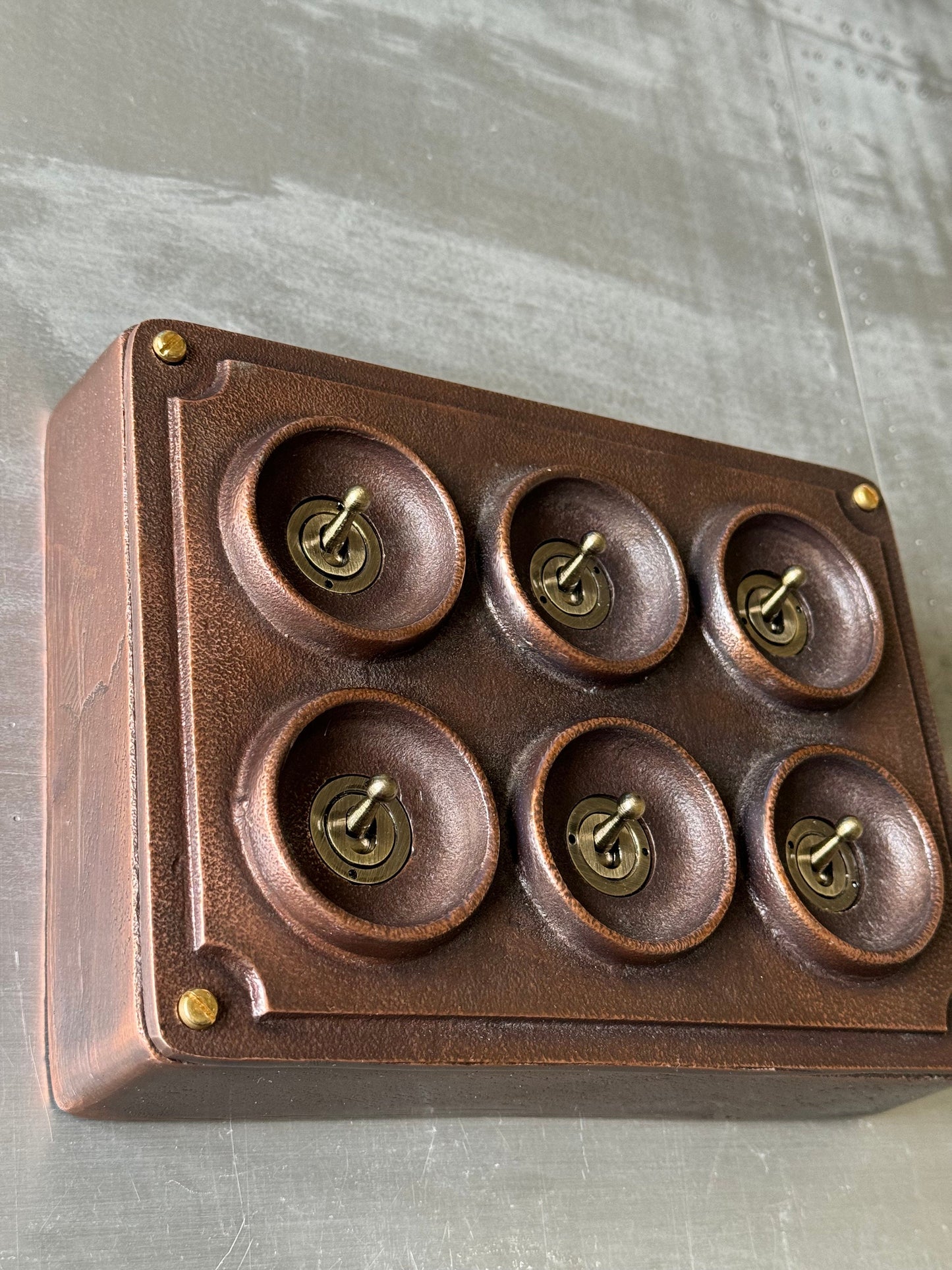 6 Gang 2 Way Antique Copper Solid Cast Metal Conduit Light Switch Industrial - BS EN Vintage Crabtree 1950’s Style