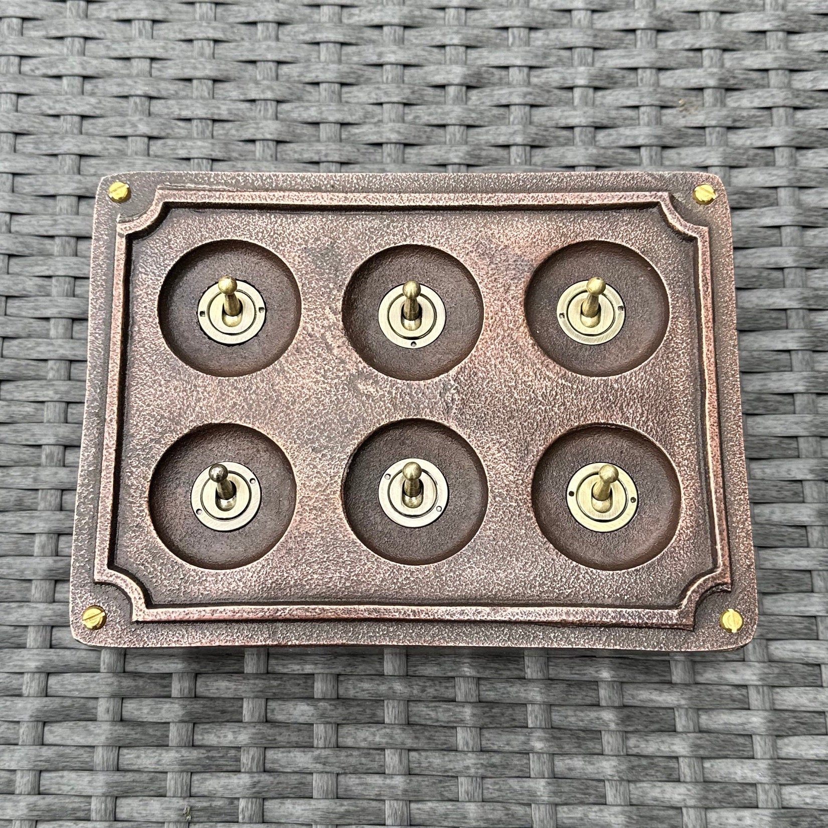 6 Gang 2 Way Antique Copper Solid Cast Metal Conduit Light Switch Industrial - BS EN Vintage Crabtree 1950’s Style