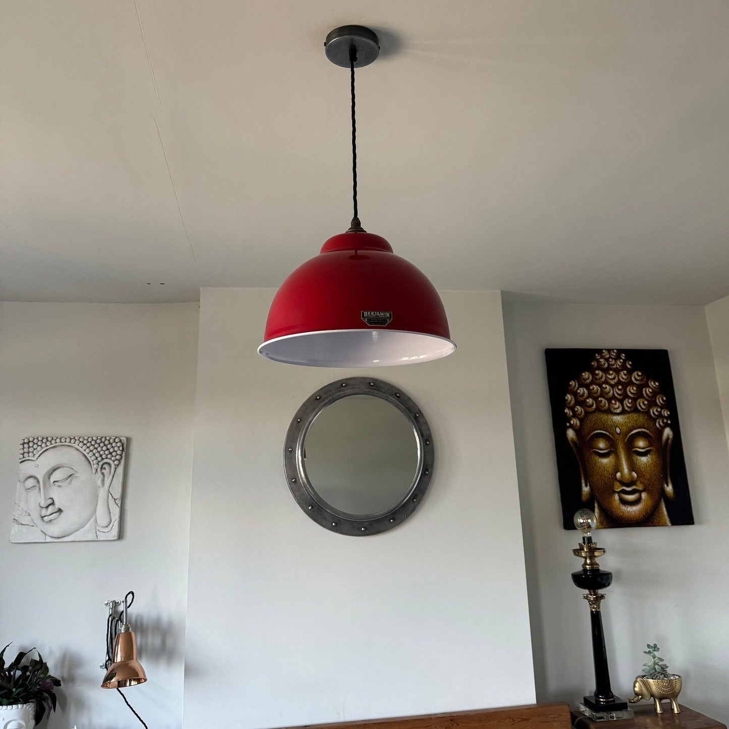 Morley XL ~ British Red Solid Steel Shade Pendant Set Light ~ 13 Inch