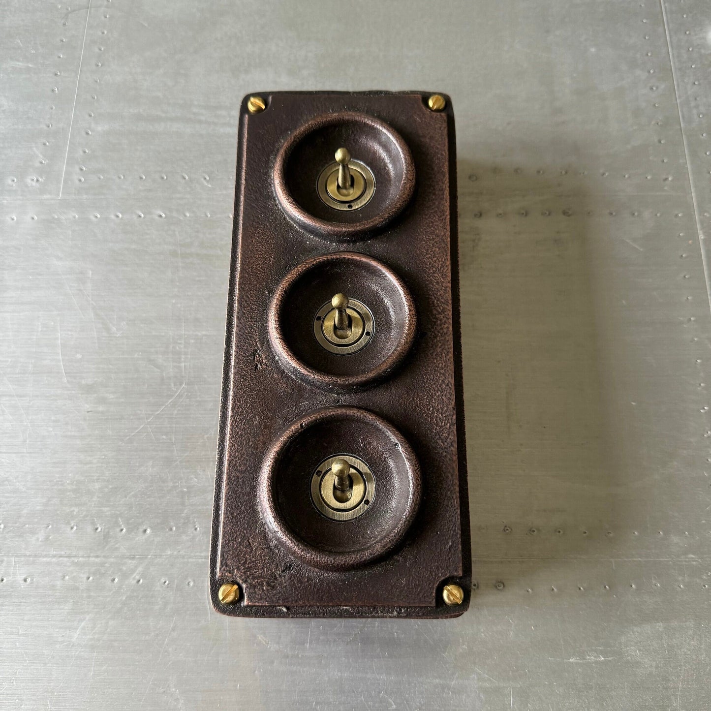 3 Gang Solid Cast Antique Copper Metal Conduit Light Switch Industrial 2 Way - BS EN Approved Vintage Crabtree 1950’s Style