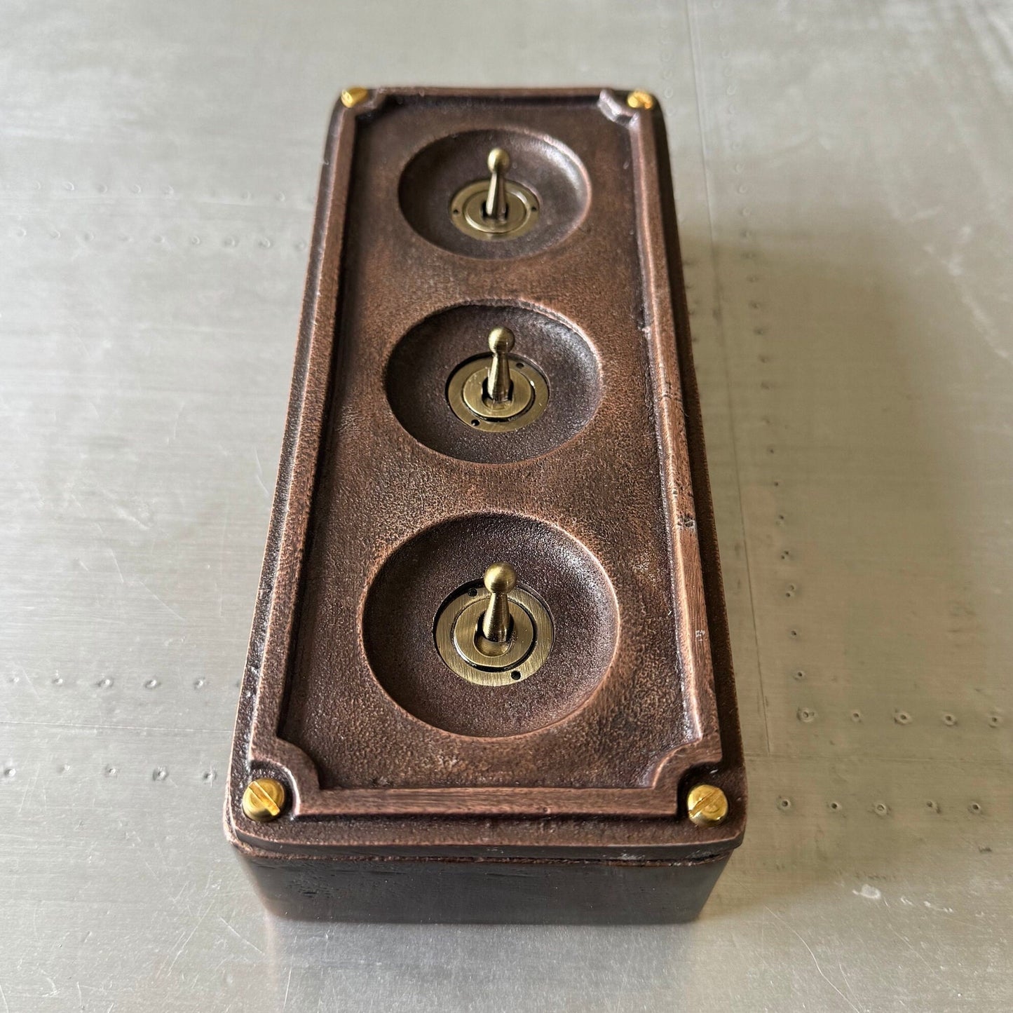 3 Gang Solid Cast Antique Copper Metal Conduit Light Switch Industrial 2 Way - BS EN Approved Vintage Crabtree 1950’s Style